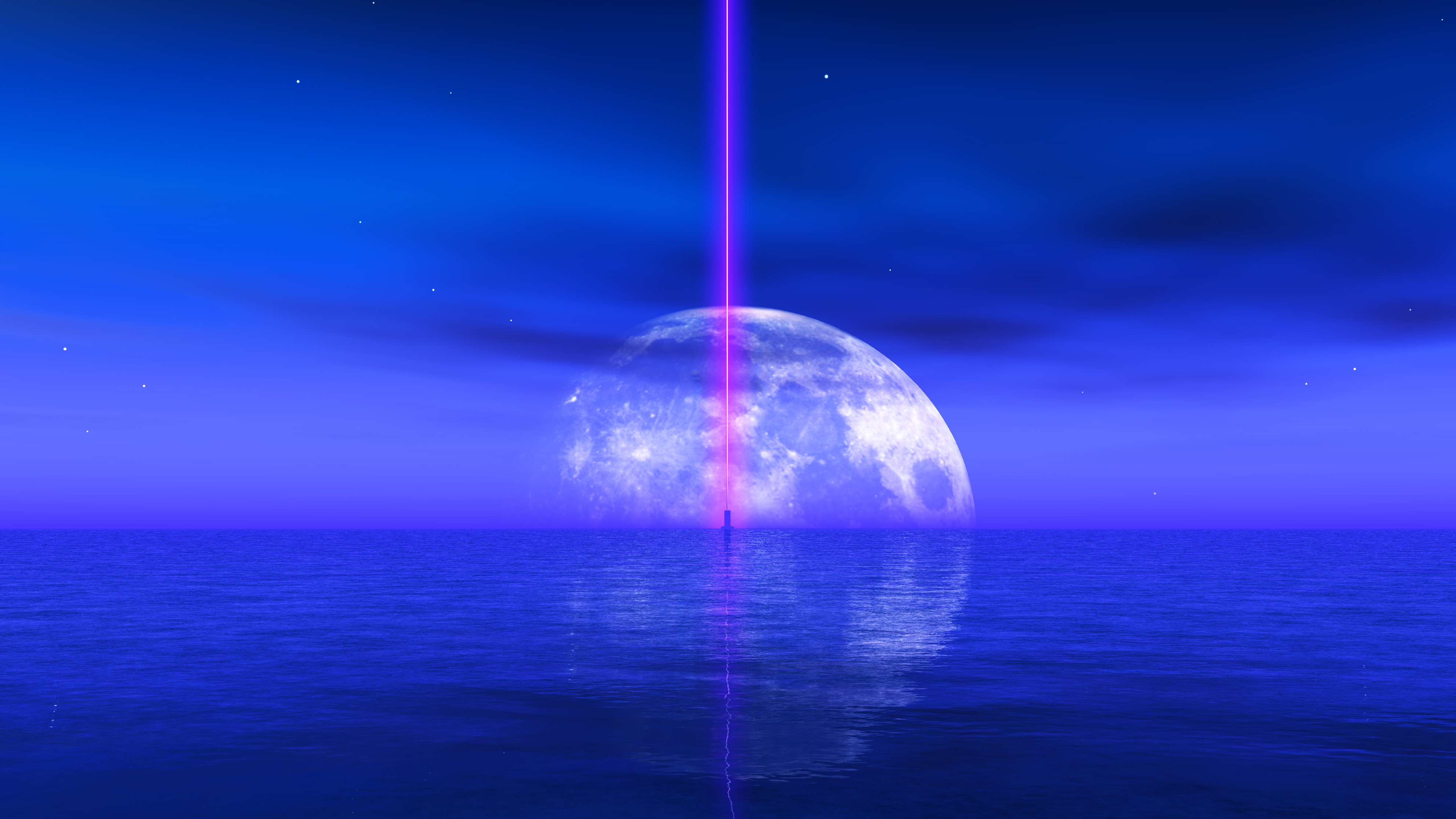 General 3965x2230 ocean view laser digital art CGI Moon sky sea artwork