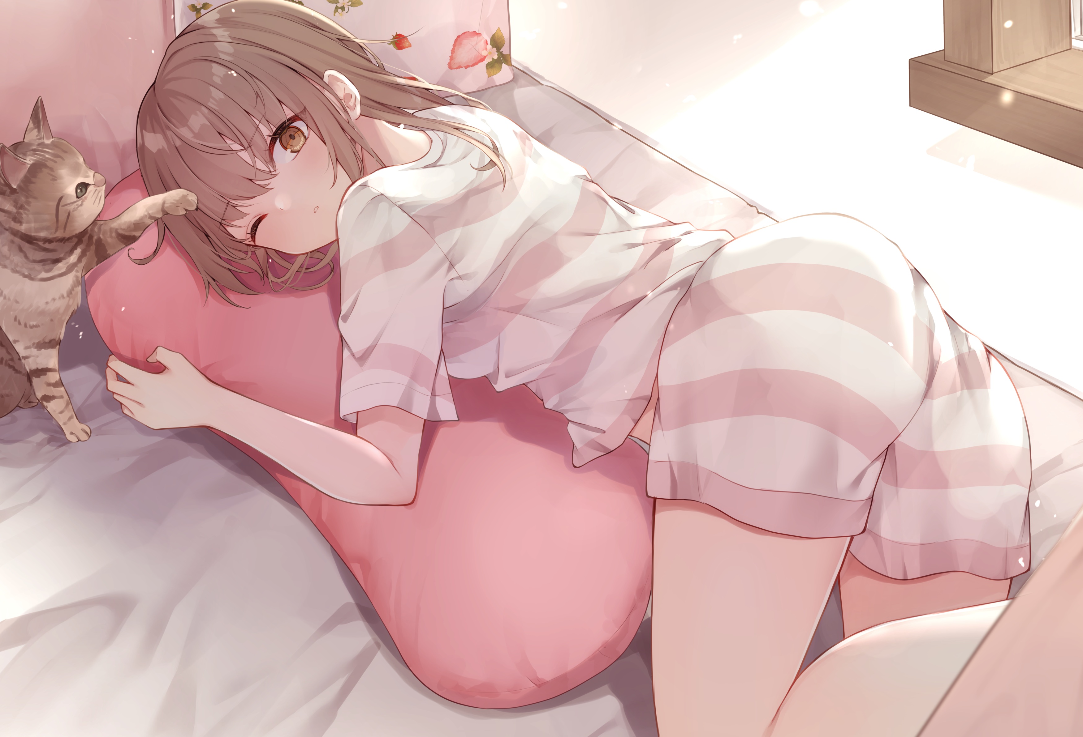 Anime 3500x2384 anime anime girls Yrt Ry cats one eye closed brunette brown eyes pyjamas in bed