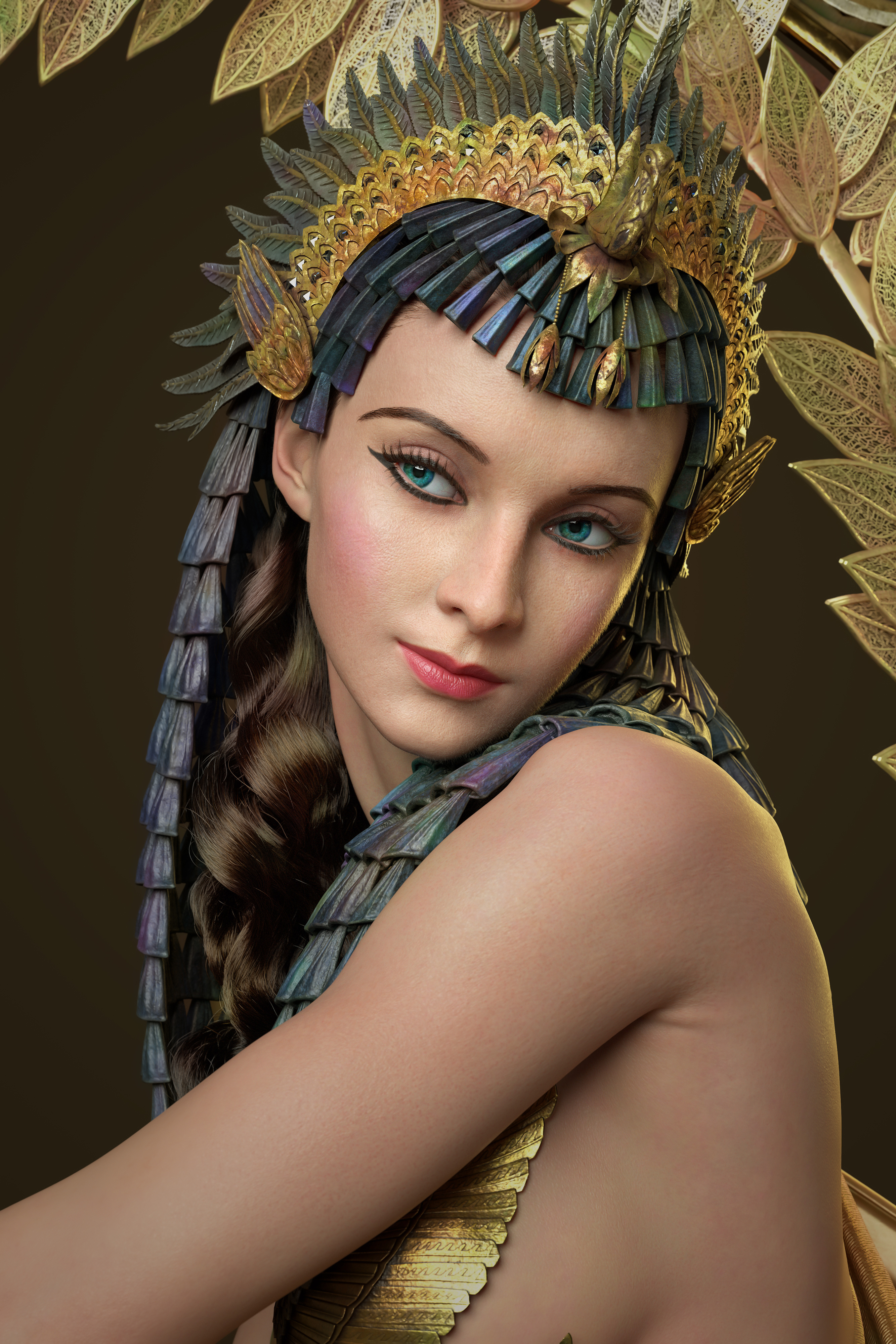 General 2667x4000 Qi Sheng Luo CGI women hair accessories dark hair Cleopatra blue eyes blushing gold Egyptian looking away simple background oriental