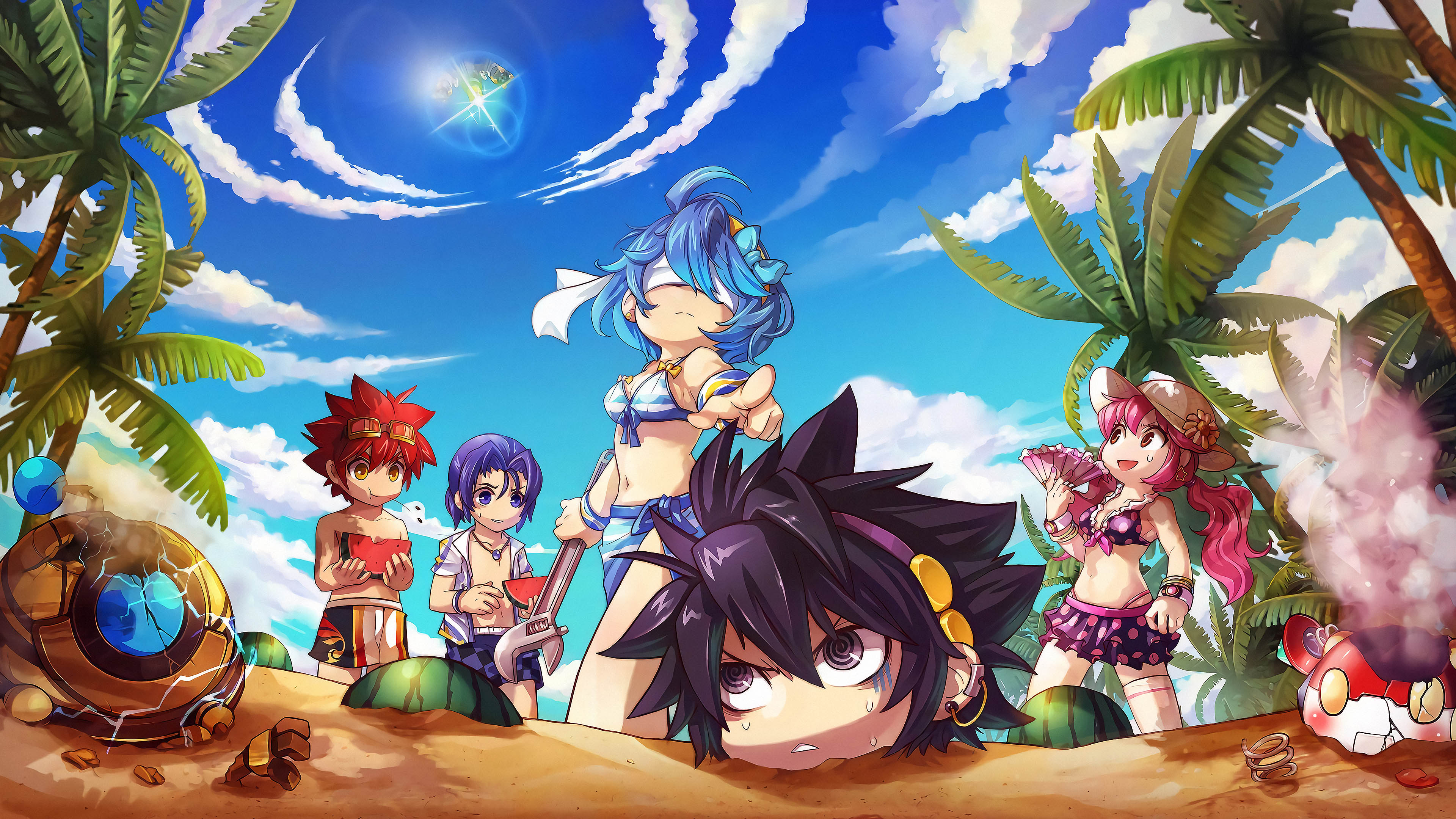 Anime 3840x2160 Grand Chase Grand Chase Classic 4K beach Sieghart (Grand Chase) Jin (Grand Chase) Ronan (Grand Chase) Mari (Grand Chase) Amy (Grand Chase) palm trees watermelons clouds low-angle