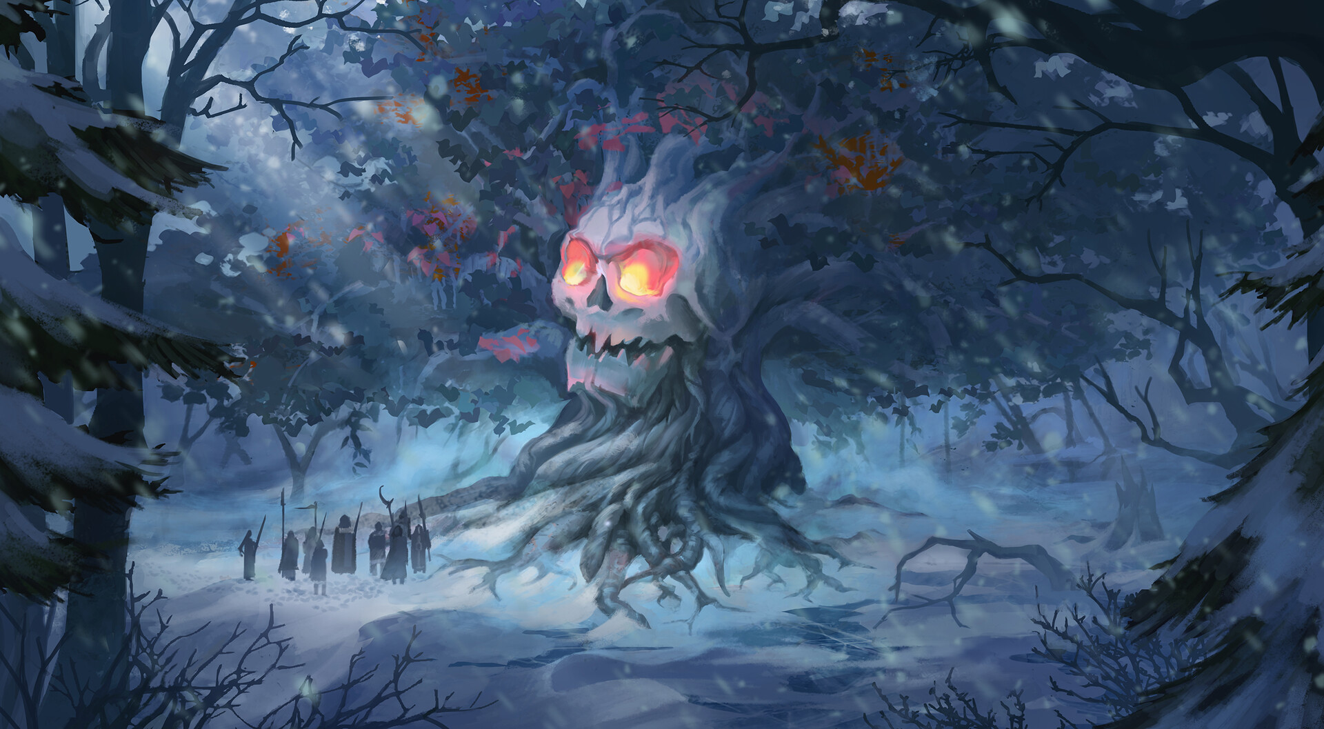 General 1920x1057 artwork ArtStation fantasy art Olga Taniushkina trees skull people druids winter digital art