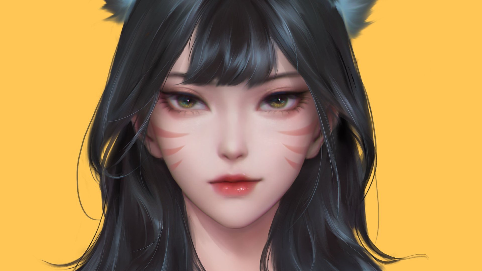 General 1920x1080 anime girls long hair Ahri (League of Legends) black hair animal ears League of Legends frame yellow background face green eyes closed mouth looking at viewer digital art closeup