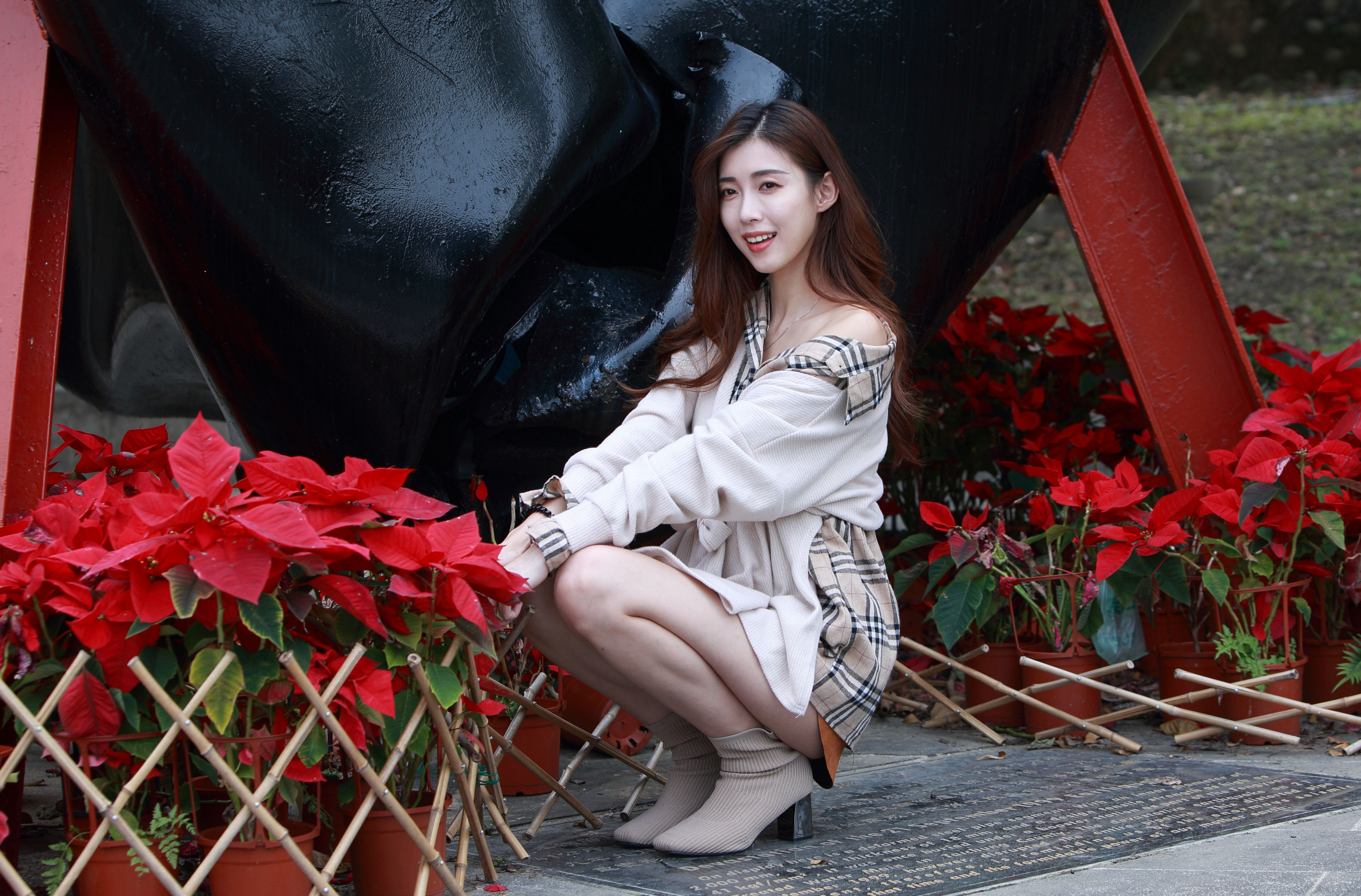 People 3840x2529 Asian model women long hair dark hair squatting skirt shirt jacket flowers flowerpot