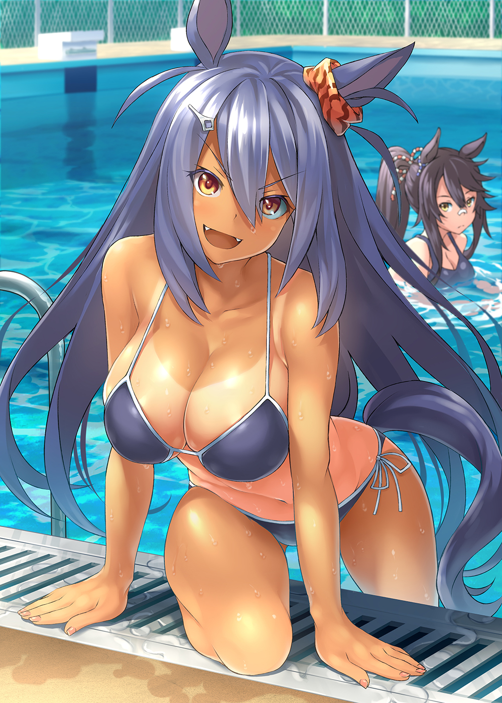 Anime 1000x1399 Uma Musume Pretty Derby blue bikini cleavage thighs blushing bangs long hair open mouth big boobs dark skin ecchi wet body tan lines ponytail animal ears swimming pool tail competition swimsuit fangs looking at viewer Hishi Amazon (Uma Musume) Narita Brian (Uma Musume) anime girls erotic art  belly button brown eyes orange eyes water drops blue hair black hair 2D portrait display anime alternate costume belly curvy arched back horse girls Band-Aid fan art artwork