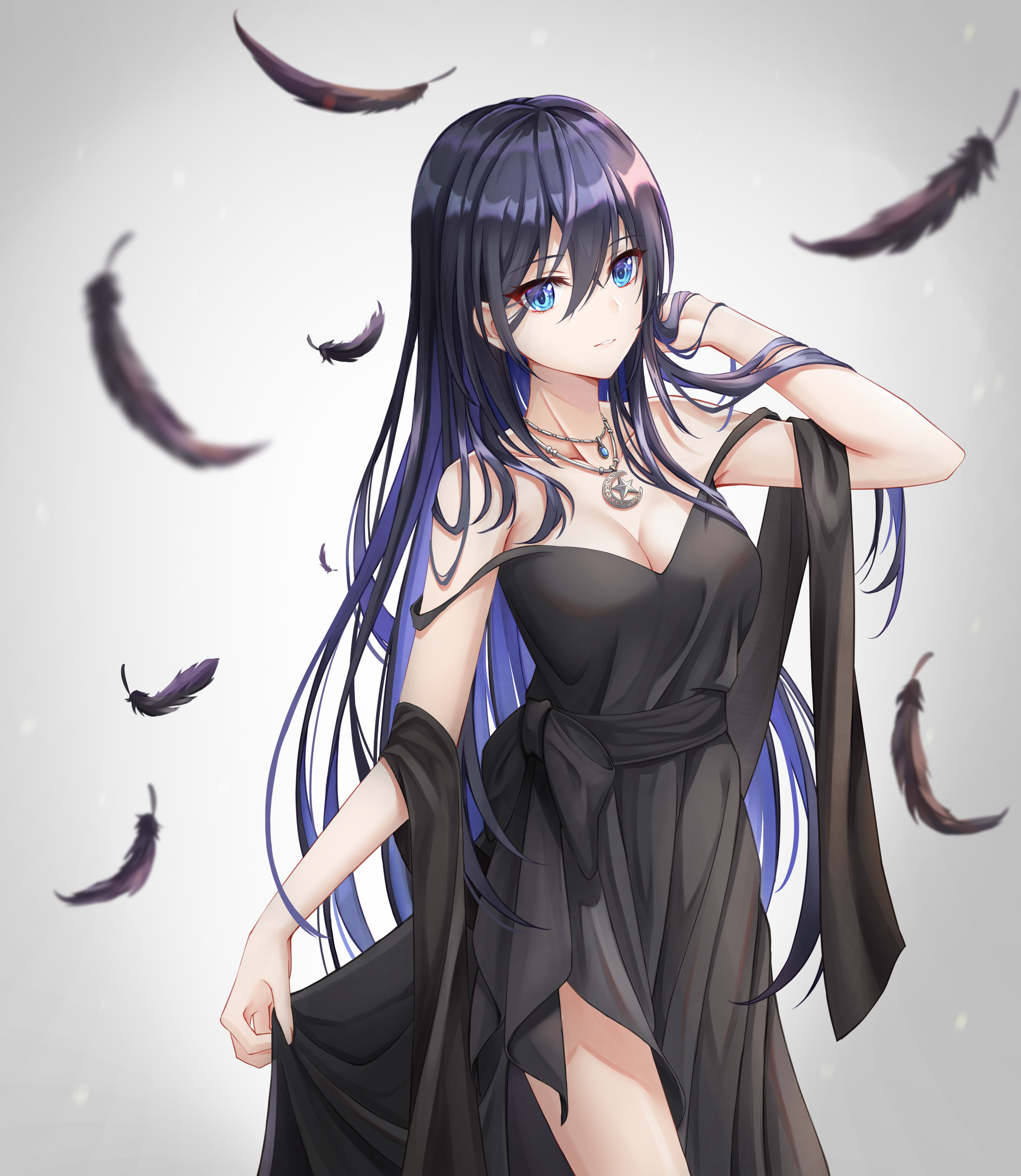 Anime 3300x3800 StarRing (Artist) black dress feathers long hair anime girls necklace cleavage dress dark hair blue eyes