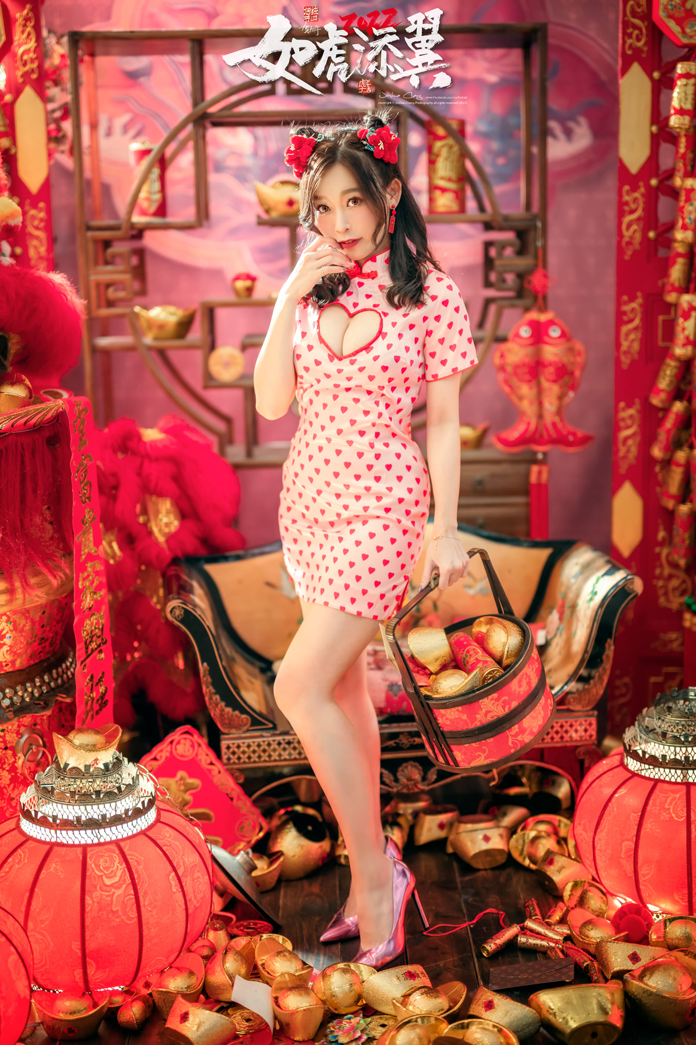 People 1365x2048 polka dots dress Asian women oriental long hair brunette red touching face cleavage finger on lips Joshua Chang looking at viewer high heels red lipstick model cleavage cutout