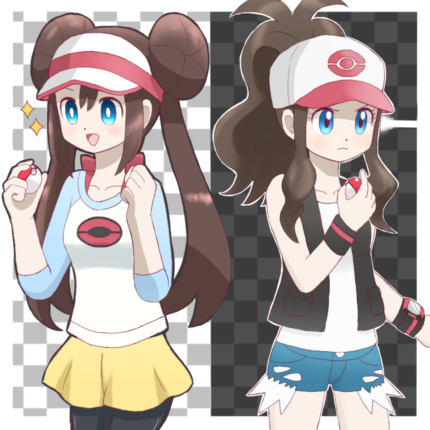 Anime 1800x1800 anime anime girls Pokémon Rosa (Pokémon) Hilda (Pokémon) long hair twintails ponytail brunette two women artwork digital art fan art hat Poke Ball