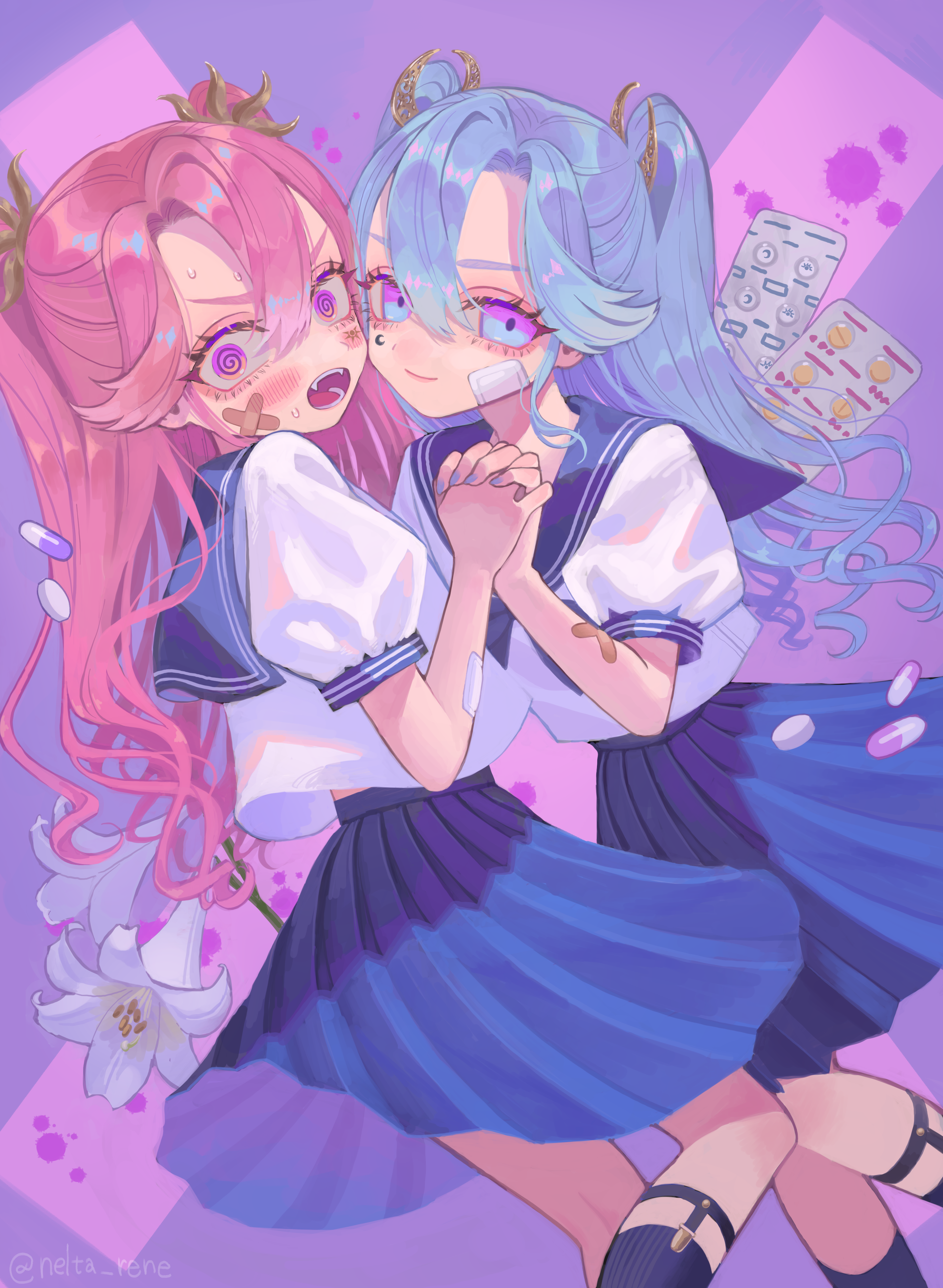 Anime 2894x3953 anime anime girls Virtual Youtuber Akatsuki Mikado Akatsuki Oboro pink hair blue hair twintails twins two women artwork digital art fan art school uniform
