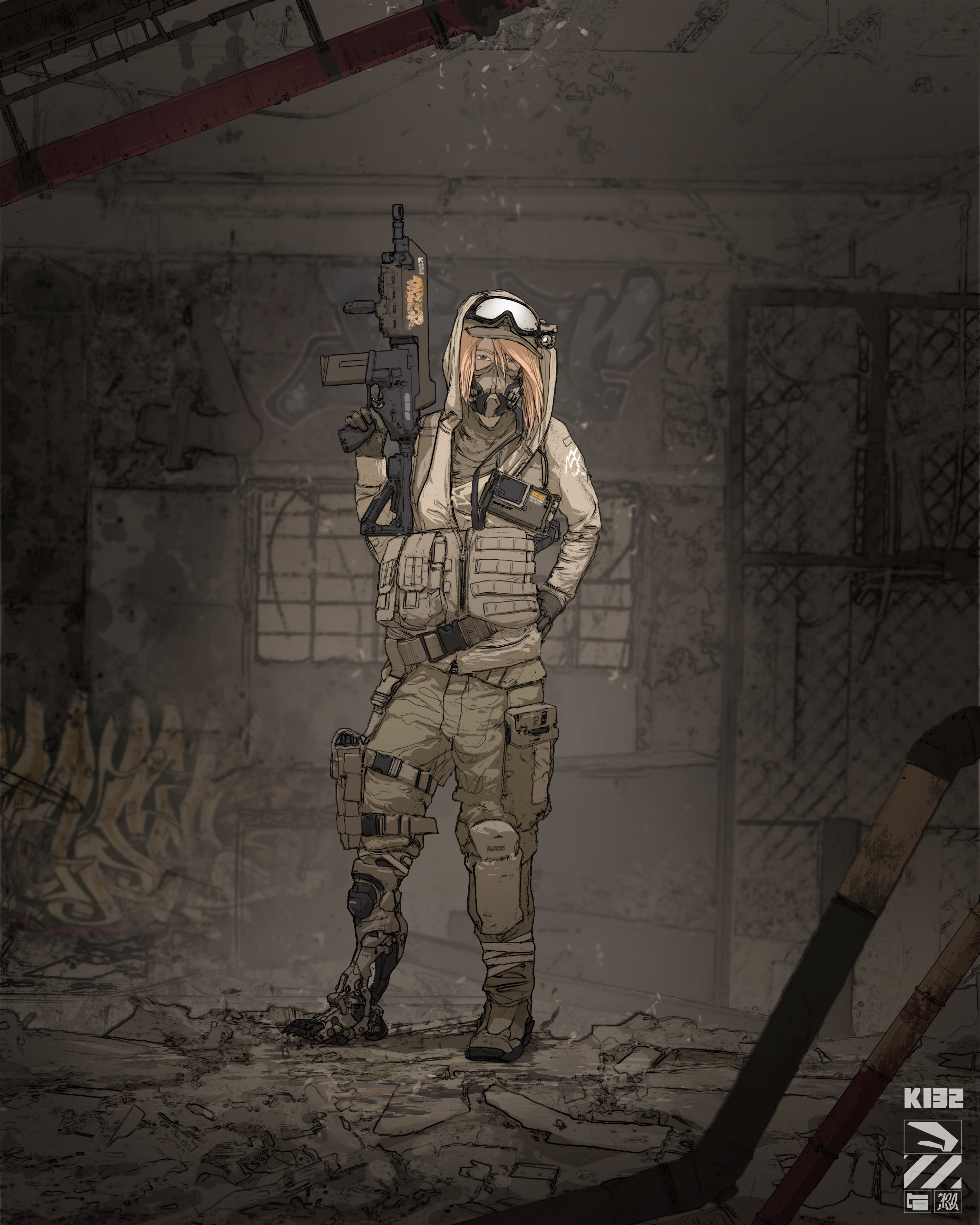 General 2792x3491 artwork women weapon blonde uniform girls with guns gun mask goggles military uniform