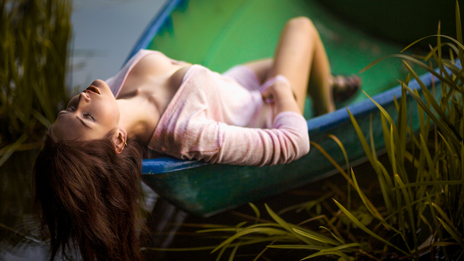 People 1854x1044 women outdoors closed eyes pink shirt no bra brunette collarbone perky breasts earring grass side view hair hanging down model chin up women lying on back cleavage peeking