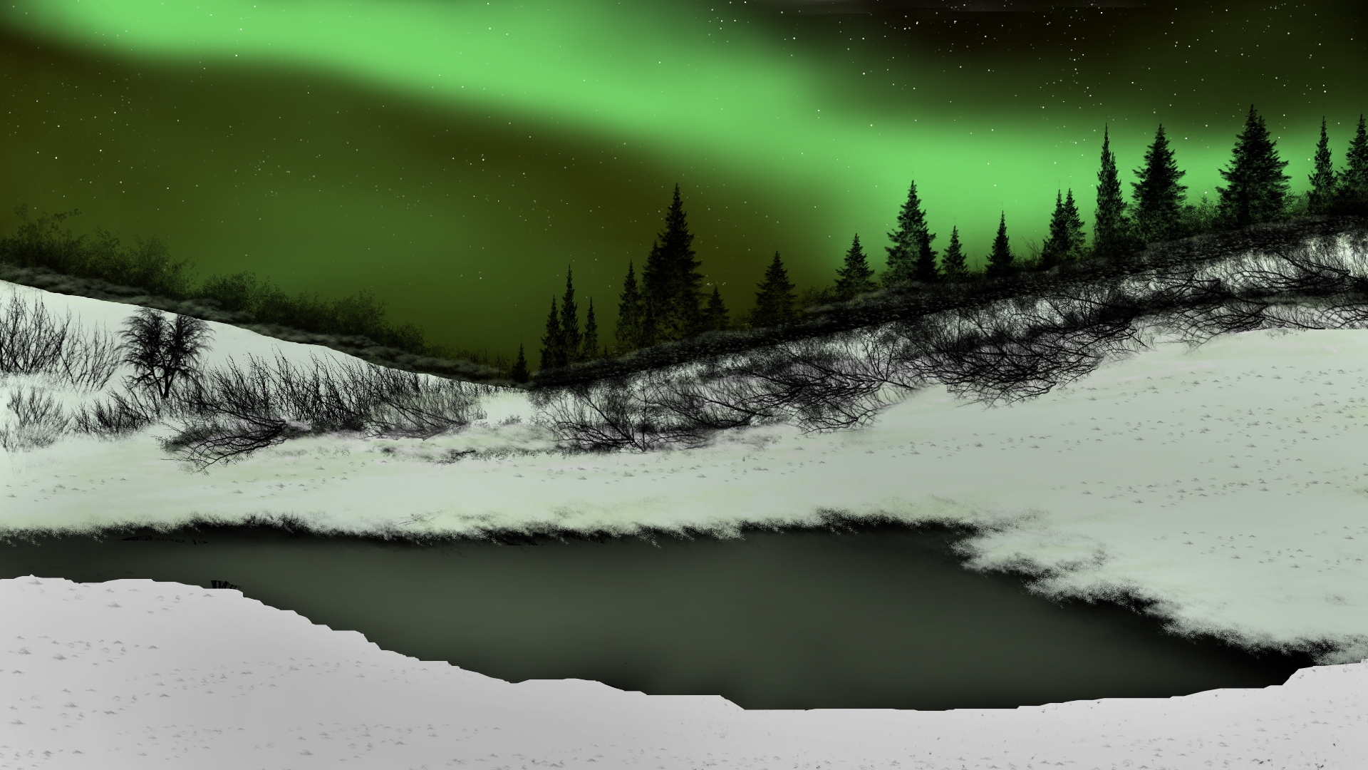 General 1920x1080 digital painting digital art winter nature landscape aurorae trees snow