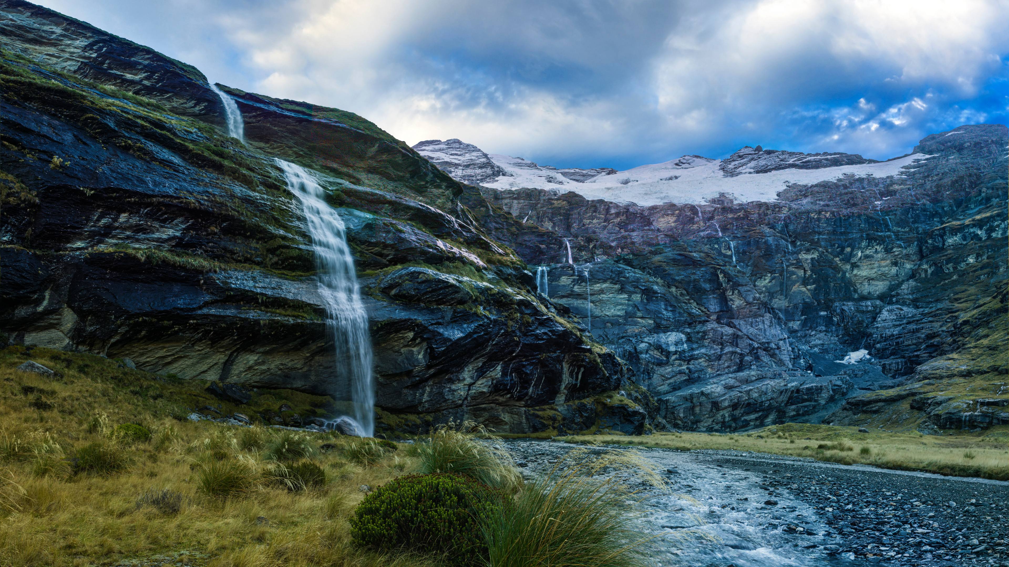General 3840x2160 landscape 4K waterfall rocks mountains snow New Zealand Queenstown nature