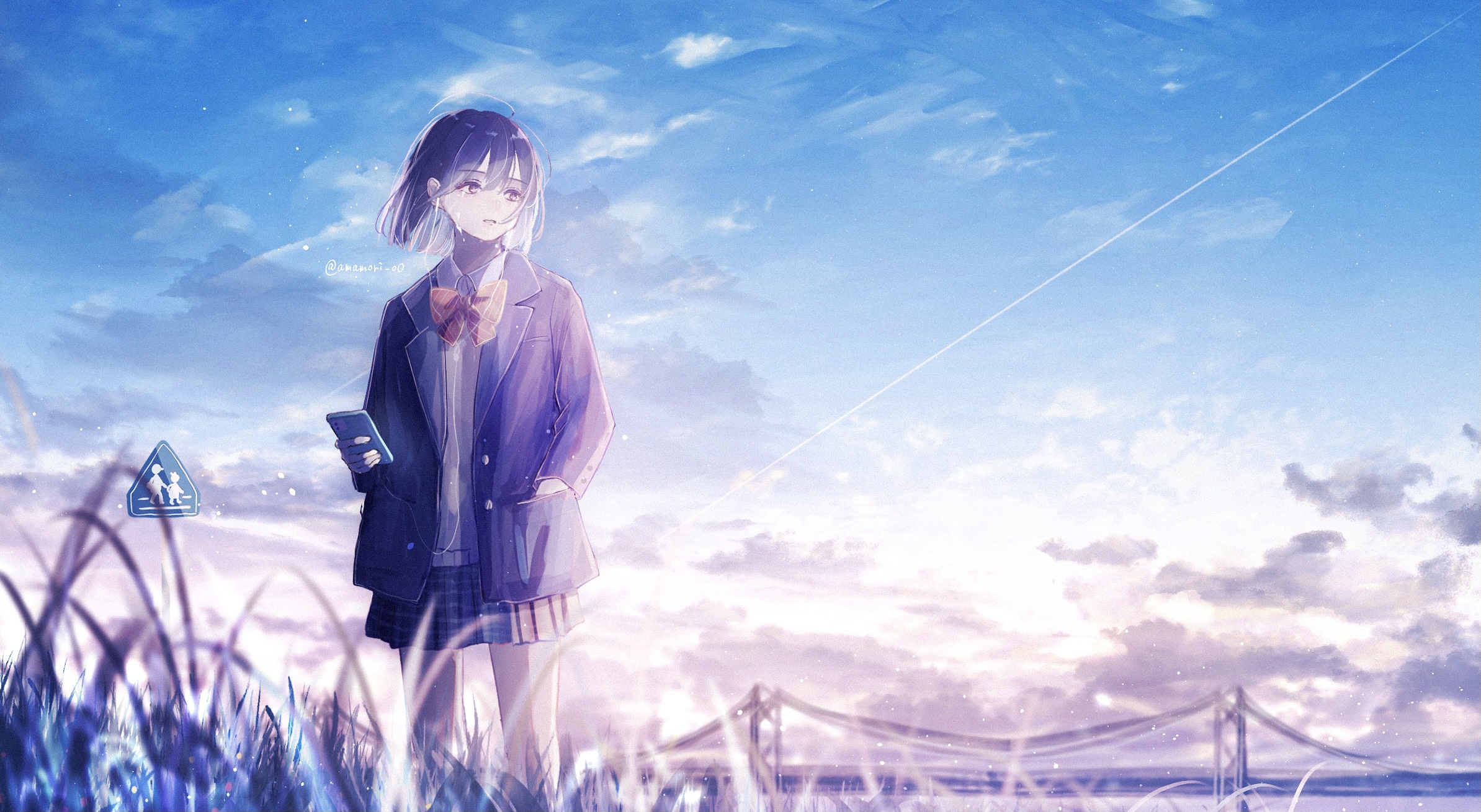 Anime 2387x1309 anime anime girls outdoors school uniform tears artwork Amenomori Howa smartphone sky