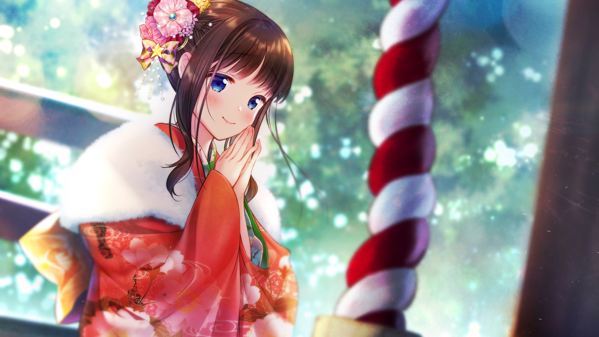 Anime 1920x1080 anime girls smiling traditional clothing blue eyes flower in hair brunette looking at viewer anime Japanese clothes