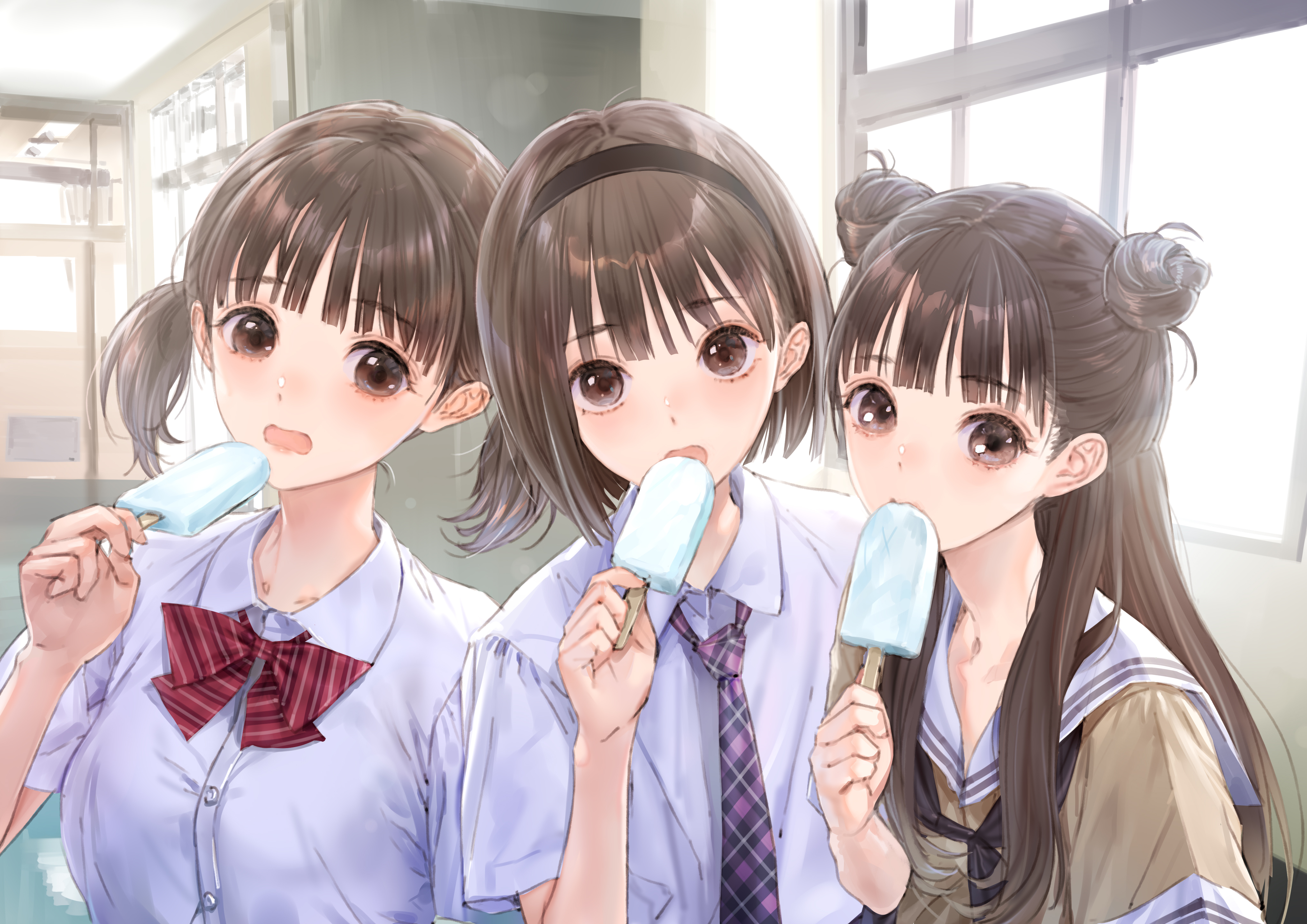 Anime 4093x2894 anime anime girls women trio food sweets popsicle brunette tie women indoors looking at viewer brown eyes blue reflection
