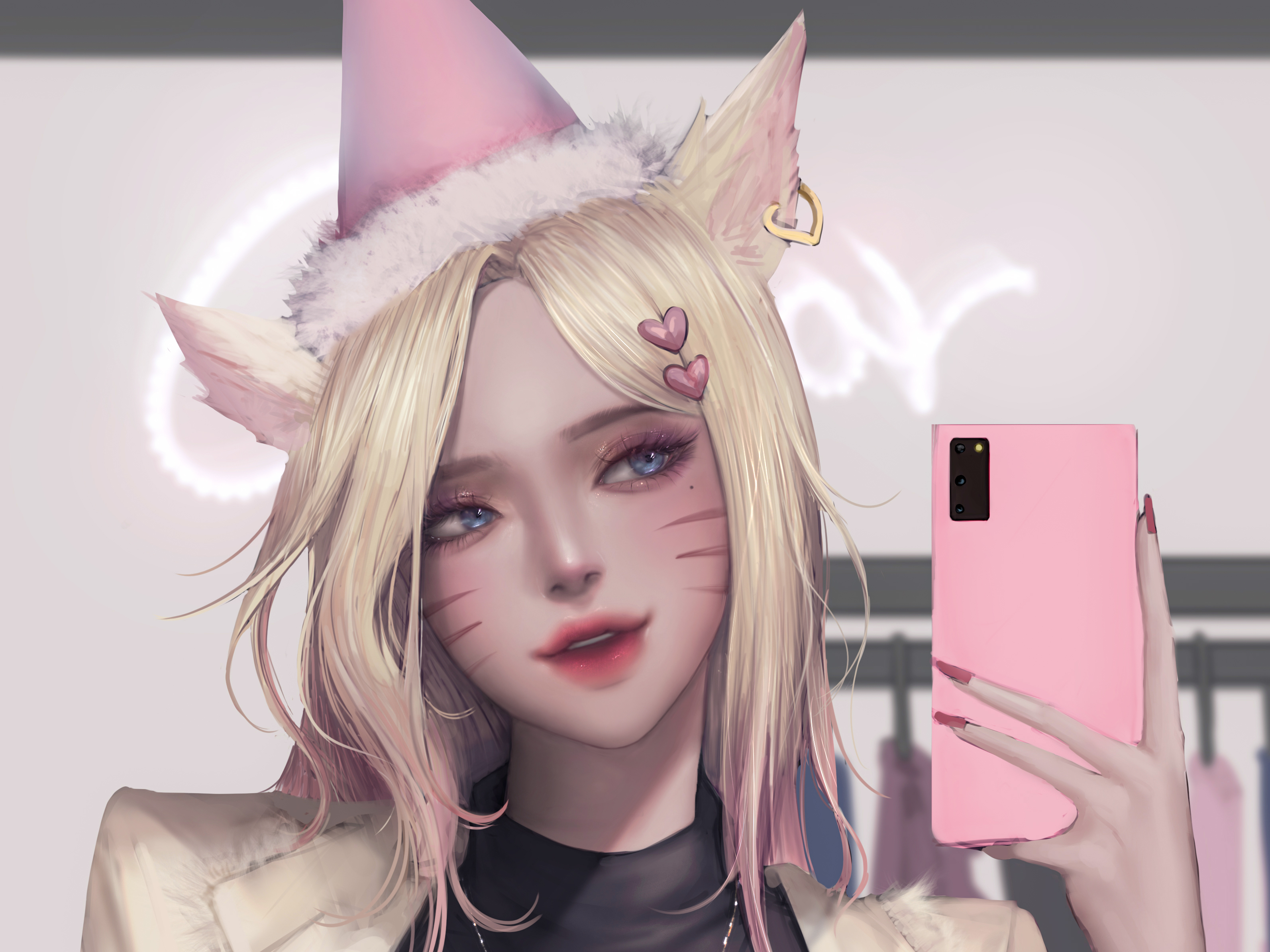 Anime 3187x2390 League of Legends Ahri (League of Legends) PC gaming smartphone painted nails hat blonde animal ears heart (design) blue eyes video game girls fan art video game characters