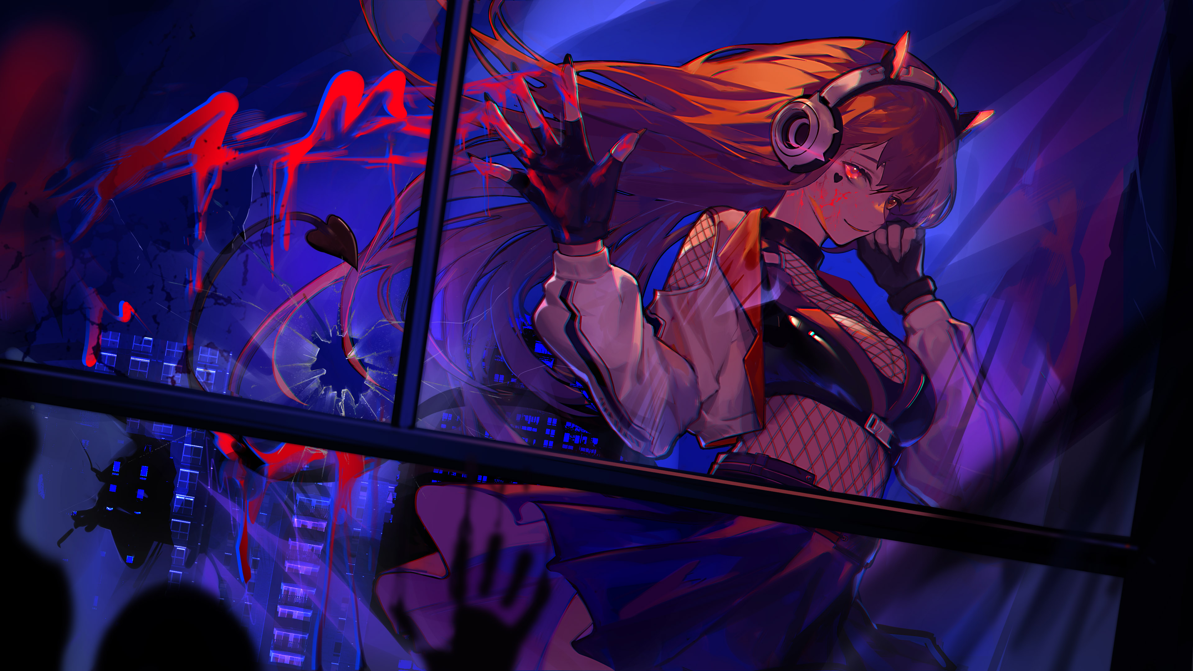 Anime 3840x2160 Mirror 2: Project X headphones night hair blowing in the wind broken glass city