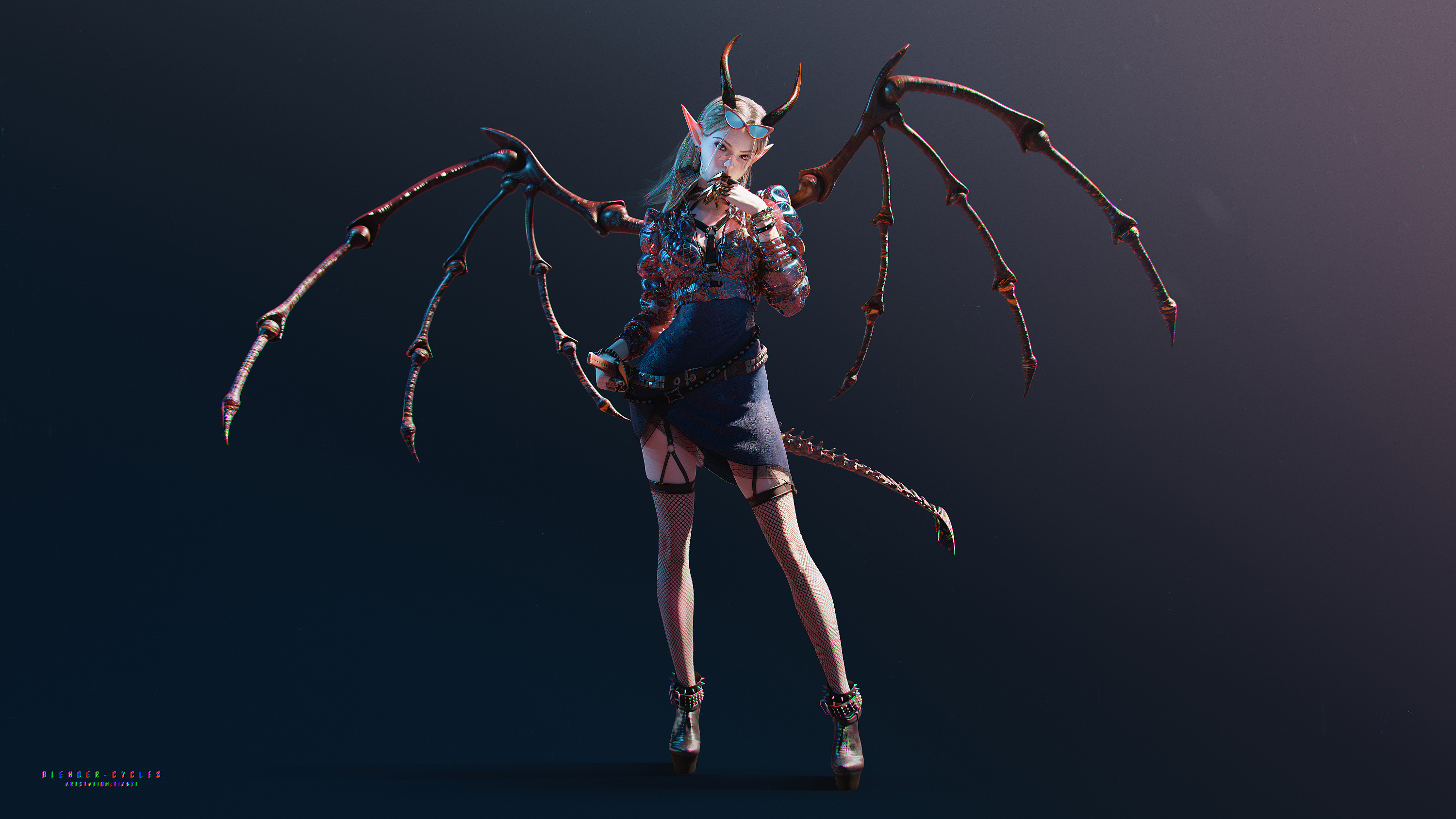 Anime 3000x1688 illustration video game characters fantasy girl women antlers simple background standing stockings fishnet stockings fantasy art pointy ears watermarked