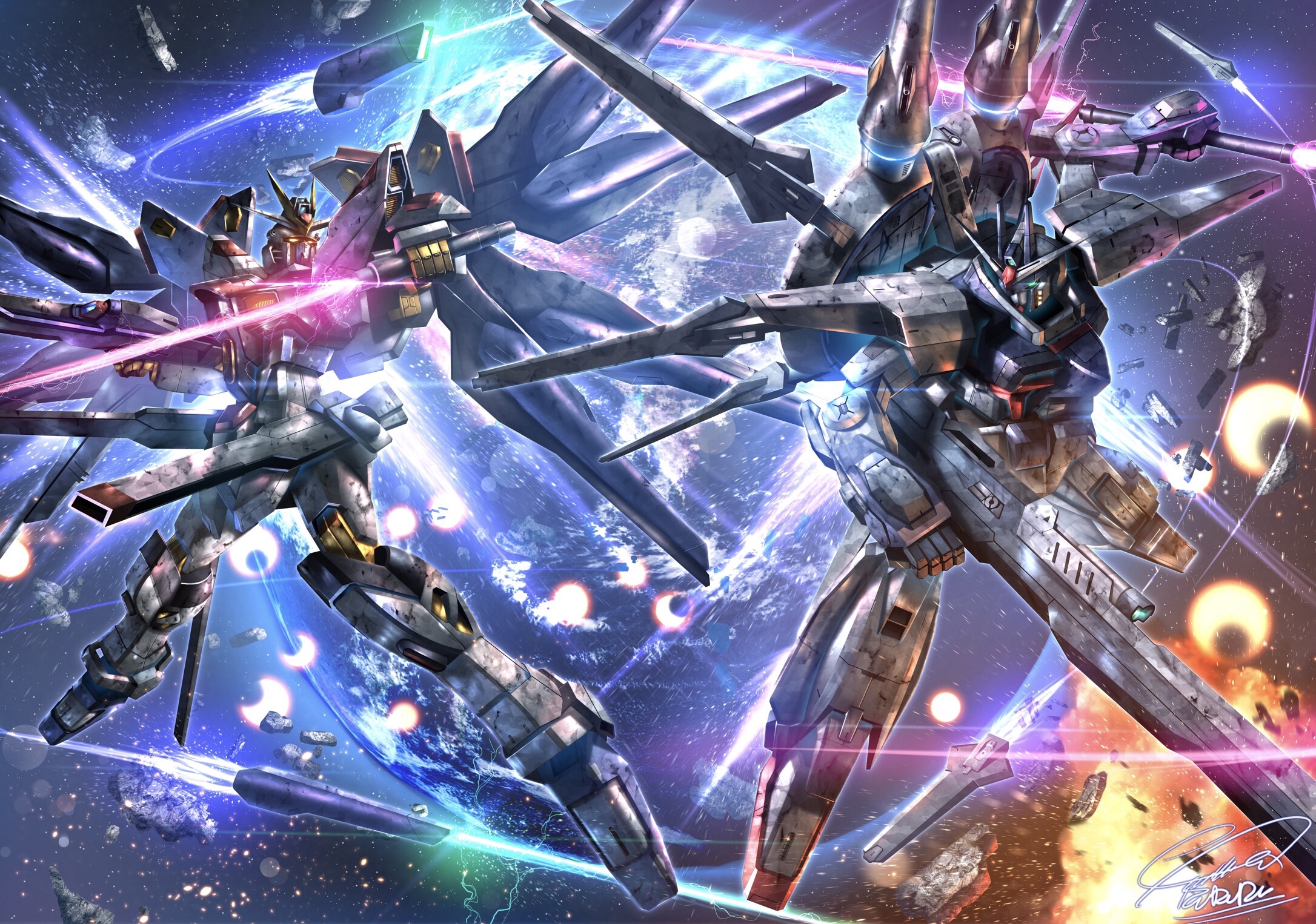 Anime 2172x1526 anime Gundam Mobile Suit Gundam SEED Destiny Strike Freedom Gundam Legend Gundam Super Robot Taisen artwork digital art fan art mecha fight mechs