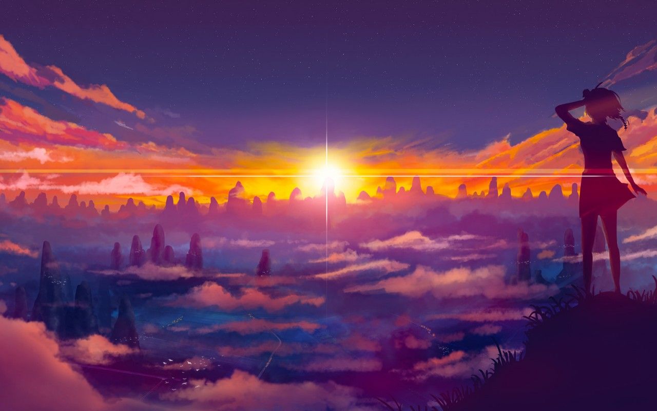 Anime 1280x800 anime girls sunrise landscape