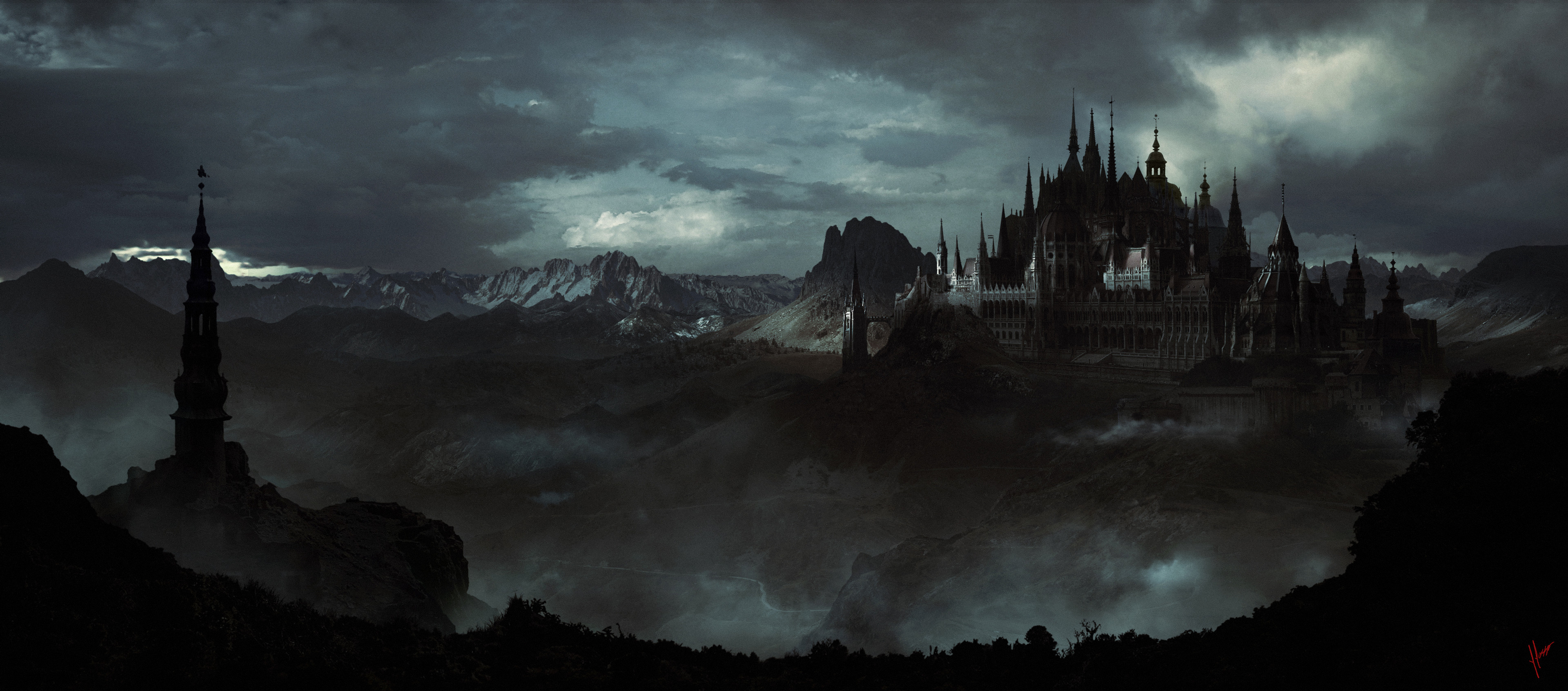 General 3840x1691 digital art artwork dark castle mountains