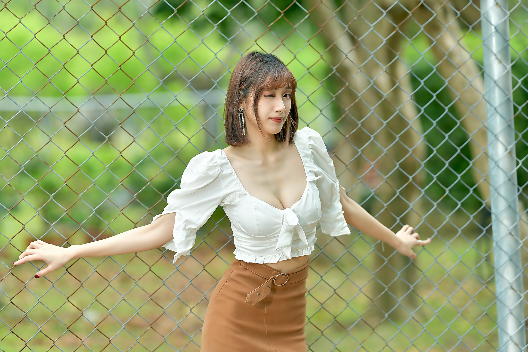 People 2048x1365 Asian women model long hair brunette depth of field blouses fence trees bushes skirt