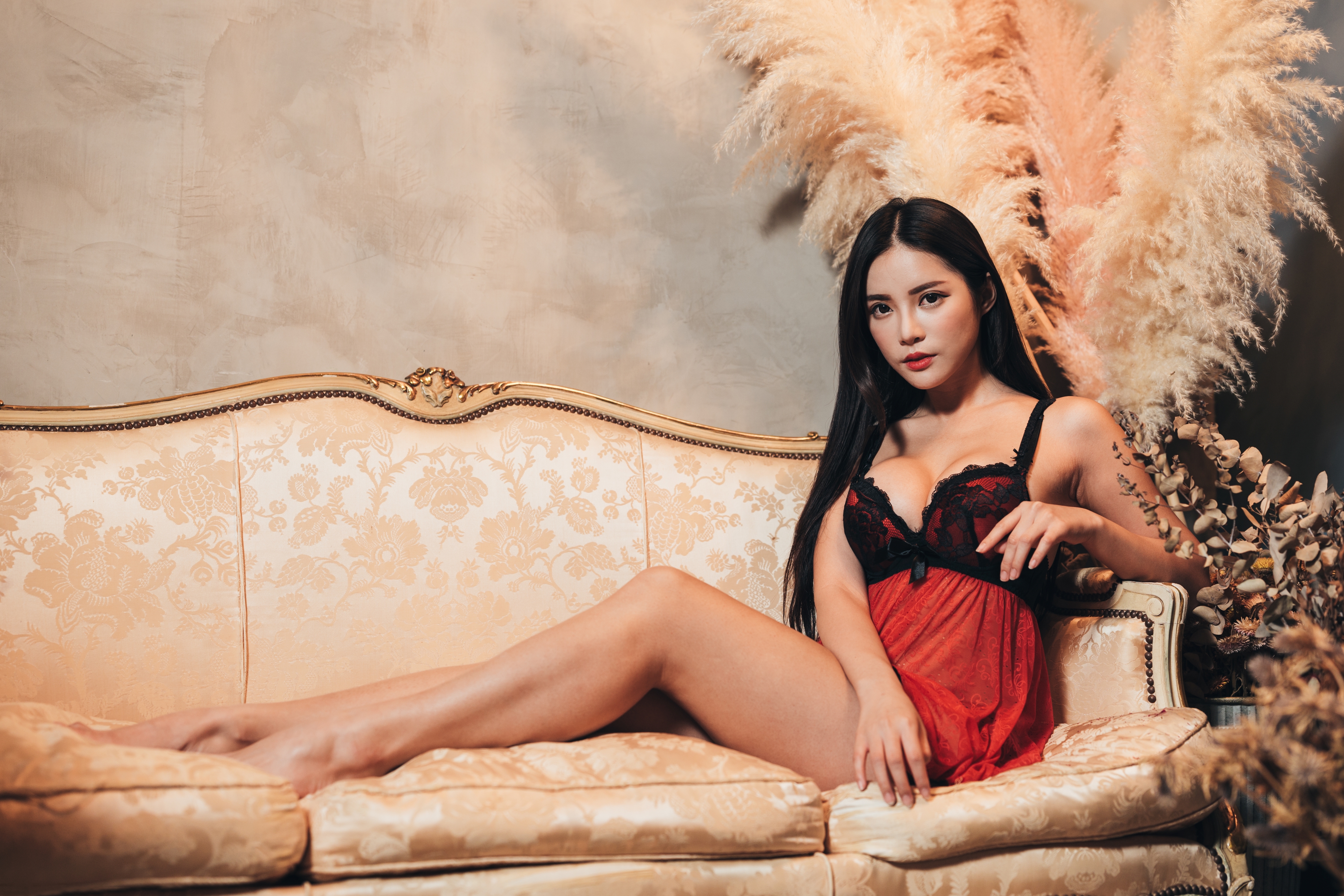 People 3840x2560 Vivi Babier women model Asian brunette long hair looking at viewer parted lips portrait cleavage lace babydolls sitting legs barefoot indoors women indoors pointed toes Chinese model Chinese nightdresses big boobs couch