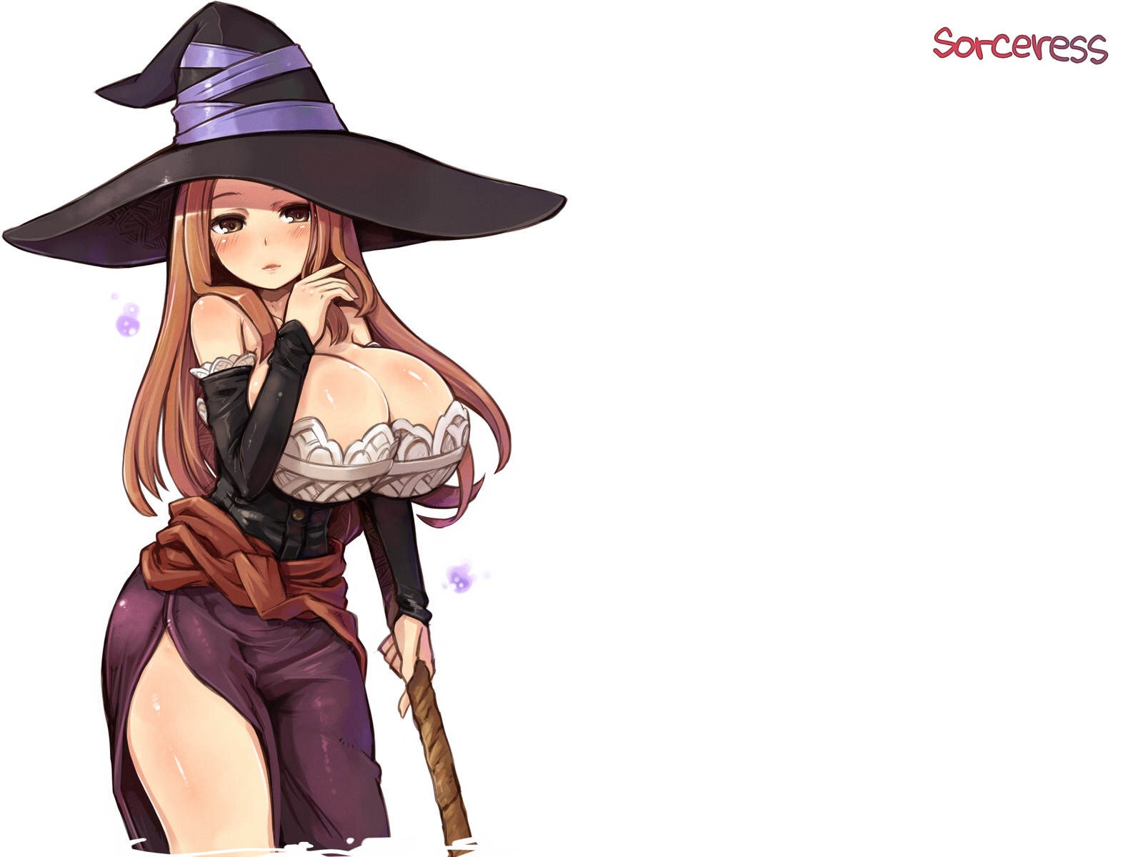 Anime 1600x1200 Dragon's Crown anime witch Sorceress (Dragon's Crown) boobs big boobs huge breasts fantasy girl fantasy art witch hat legs standing long hair looking at viewer simple background white background