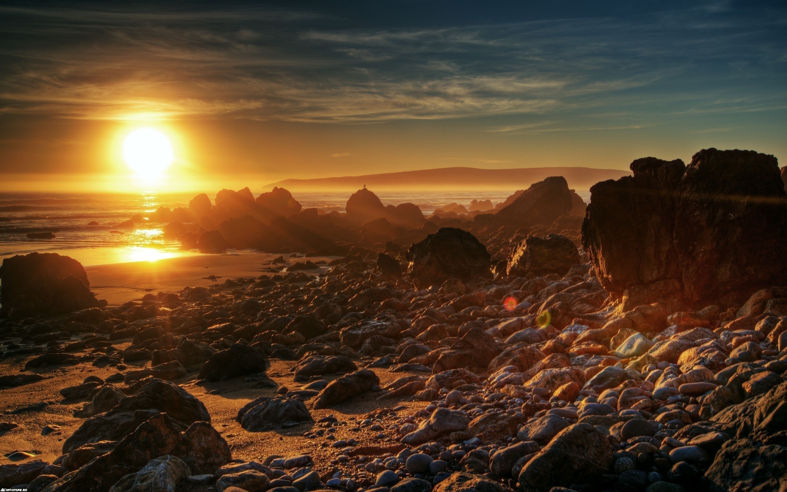 General 2560x1600 rocks coast sunset beach landscape sunlight