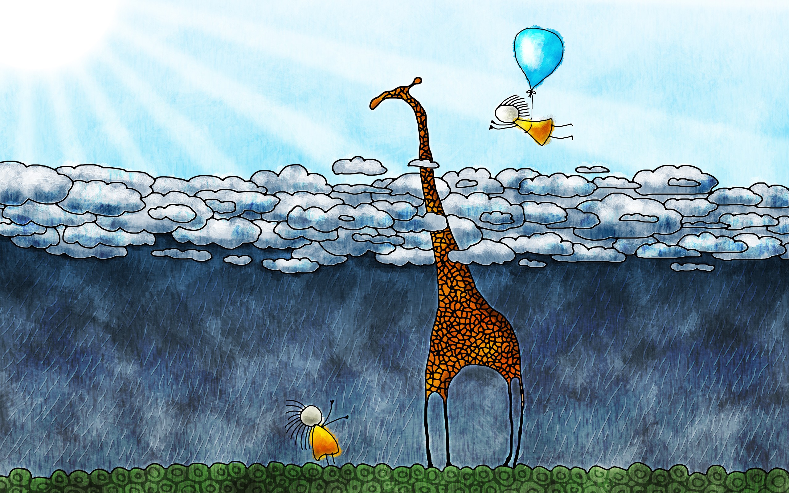 General 2560x1600 artwork anime clouds balloon giraffes rain nature animals Vladstudio children sun rays drawing flying Sun fantasy art