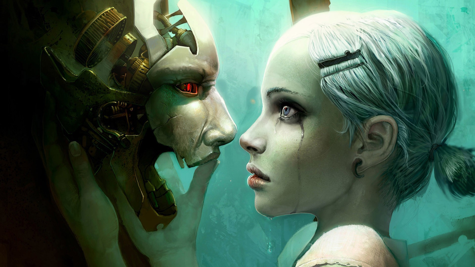 General 1920x1080 women futuristic robot space science fiction tears artwork fantasy girl science fiction women machine red eyes face profile