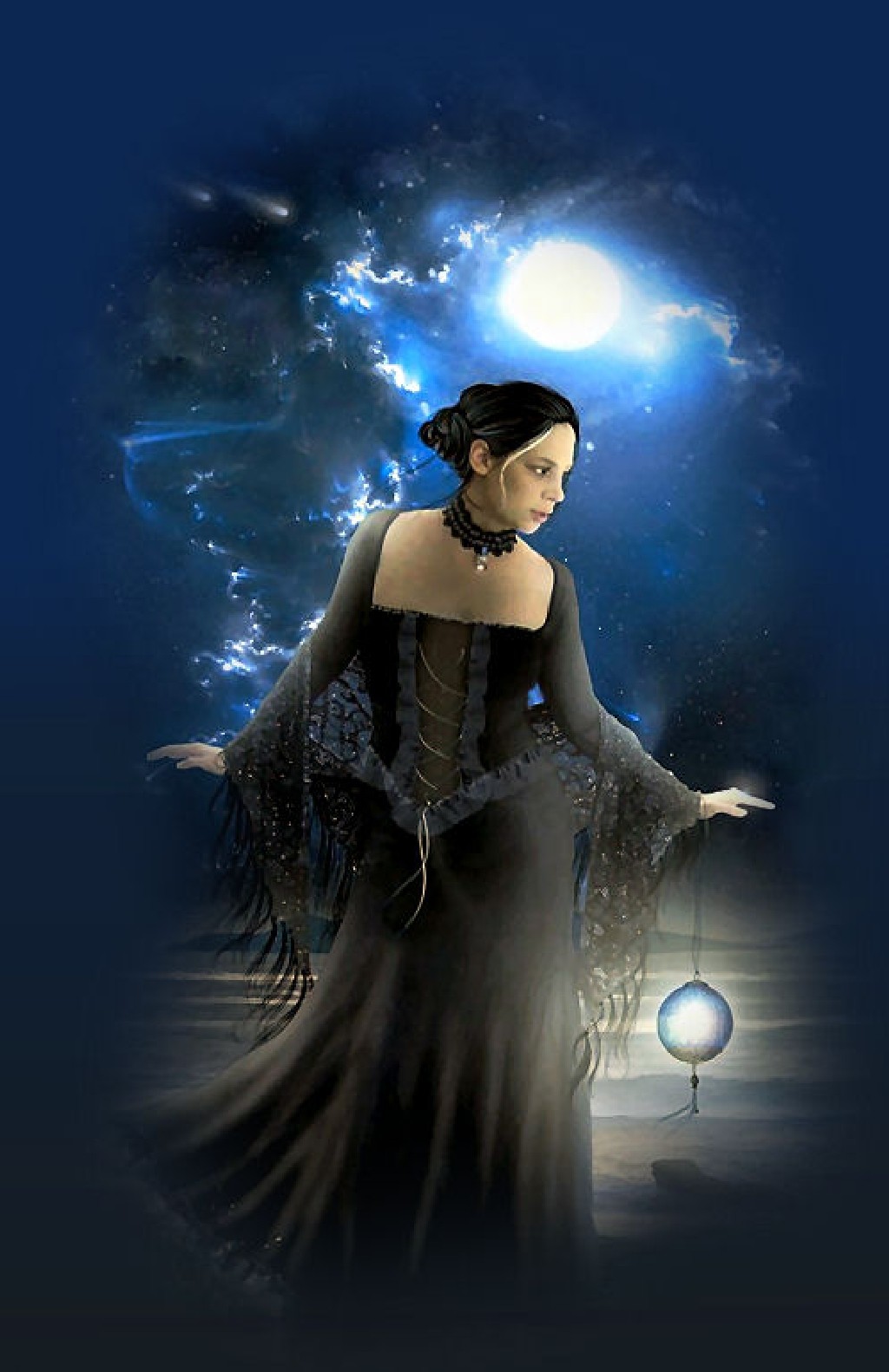 General 1024x1582 Halloween fantasy girl fantasy art women Moon dress dark hair choker black dress blue background standing looking away