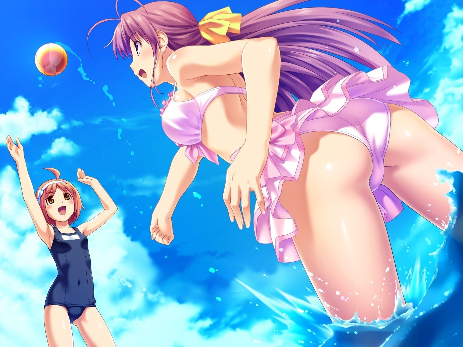 Anime 1600x1200 anime anime girls Tropical Kiss swimwear ass boobs big boobs rear view women outdoors in water two women long hair water ball arms up