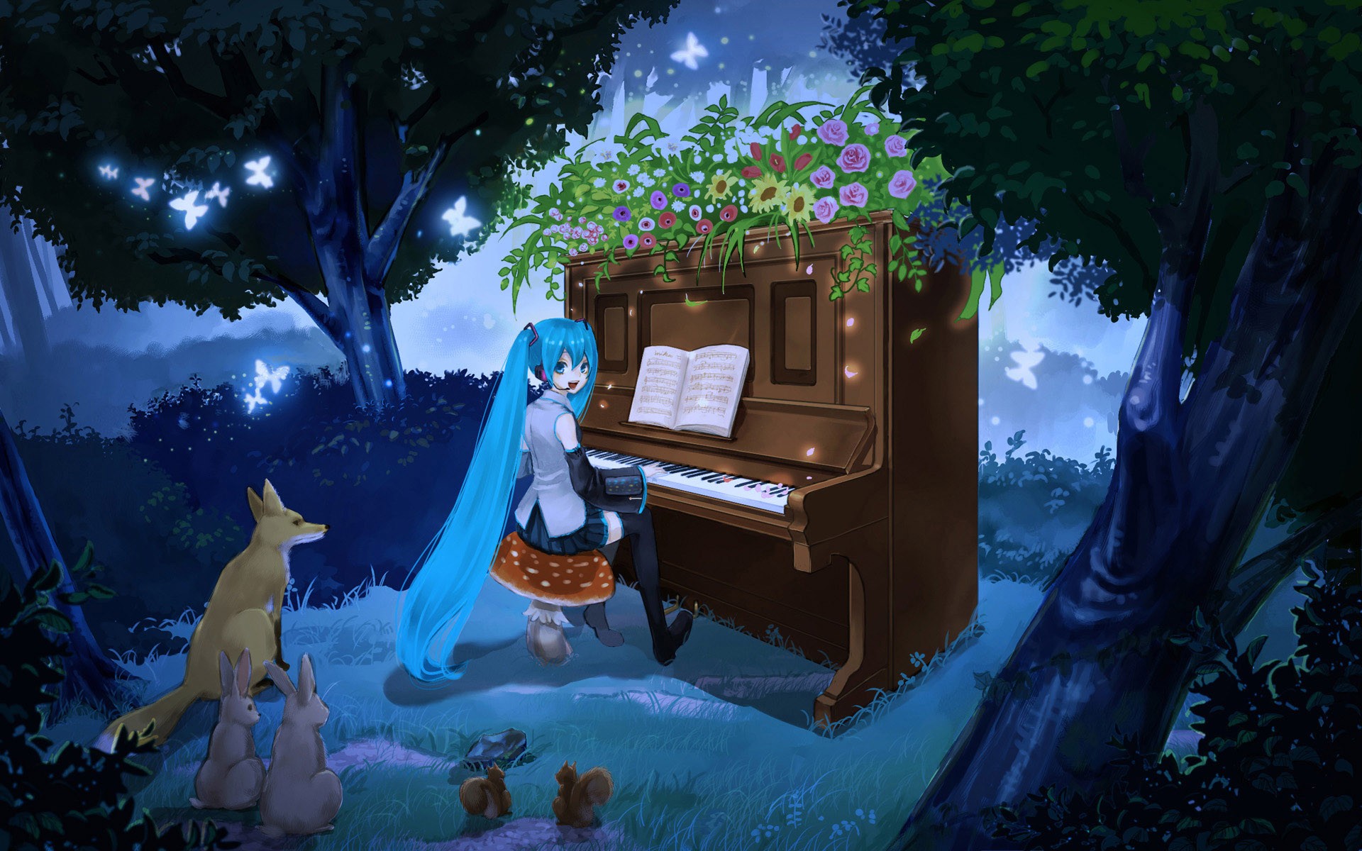 Anime 1920x1200 Hatsune Miku anime girls piano animals fox rabbits anime musical instrument long hair