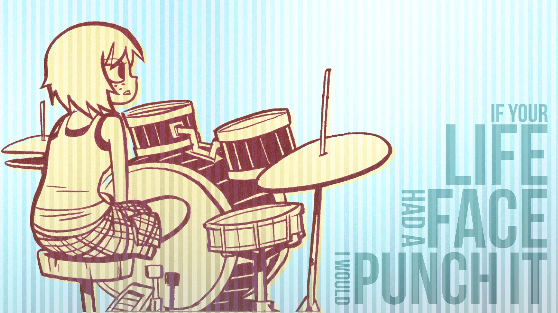 General 1920x1080 drums anime girls quote Scott Pilgrim musical instrument typography