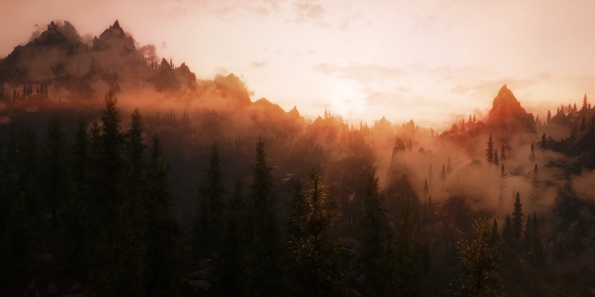 General 2049x1025 mist trees forest sunset mountains The Elder Scrolls V: Skyrim video games RPG PC gaming screen shot