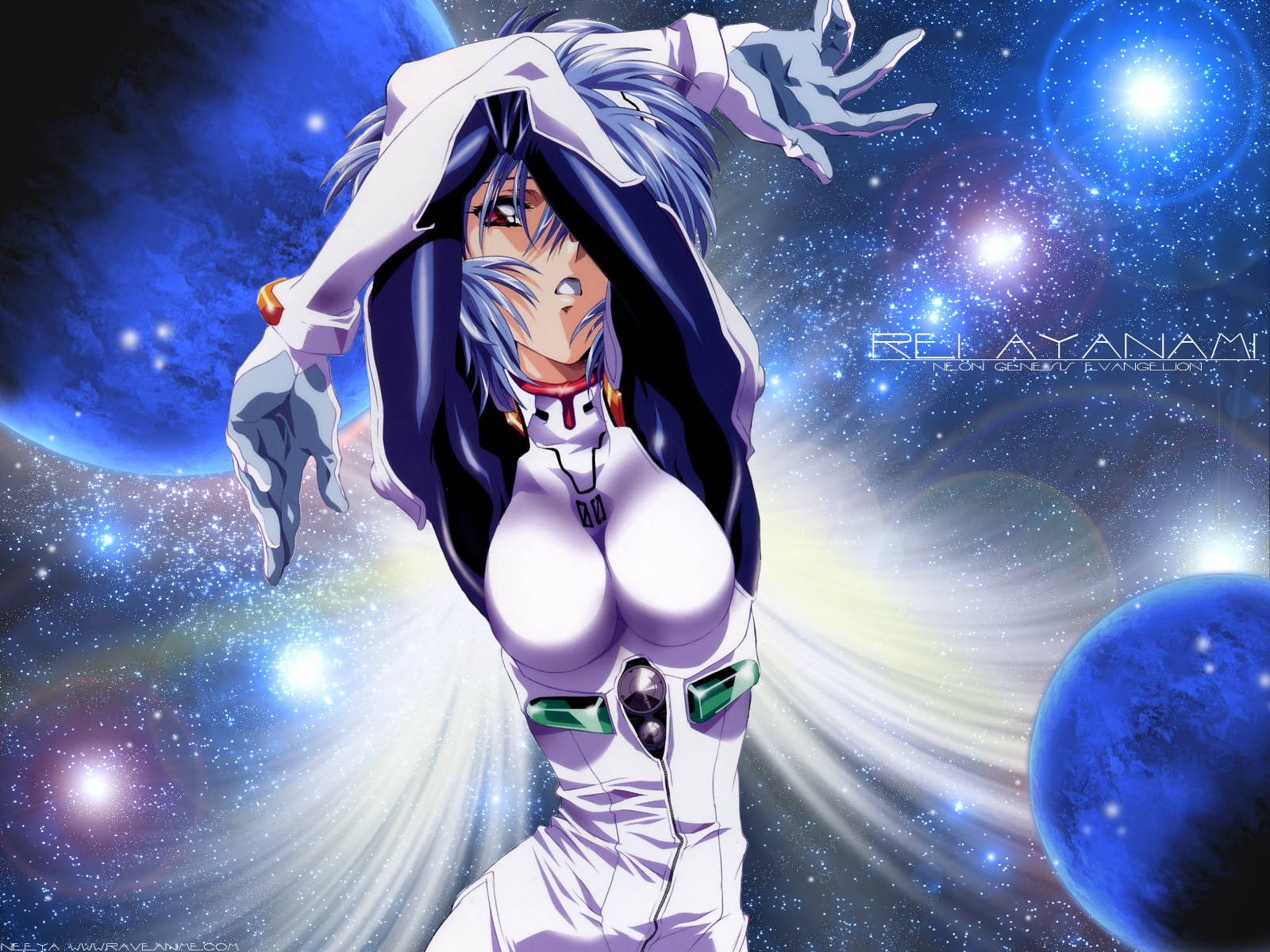 Anime 1600x1200 Ayanami Rei Neon Genesis Evangelion anime girls boobs big boobs arms up blue hair space planet