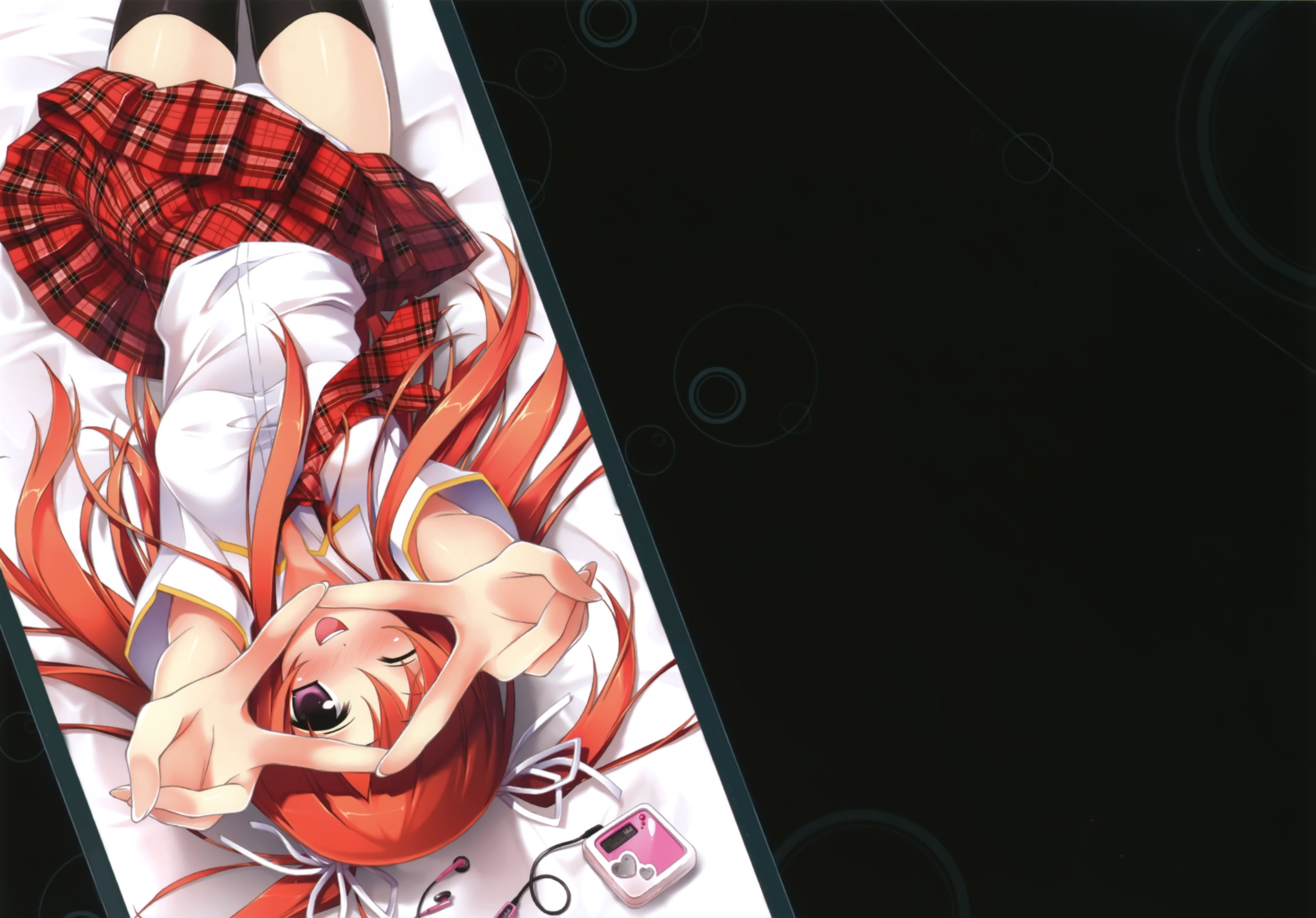 Anime 4595x3205 anime Kantoku school uniform redhead anime girls panties miniskirt hand gesture long hair lying on back one eye closed purple eyes
