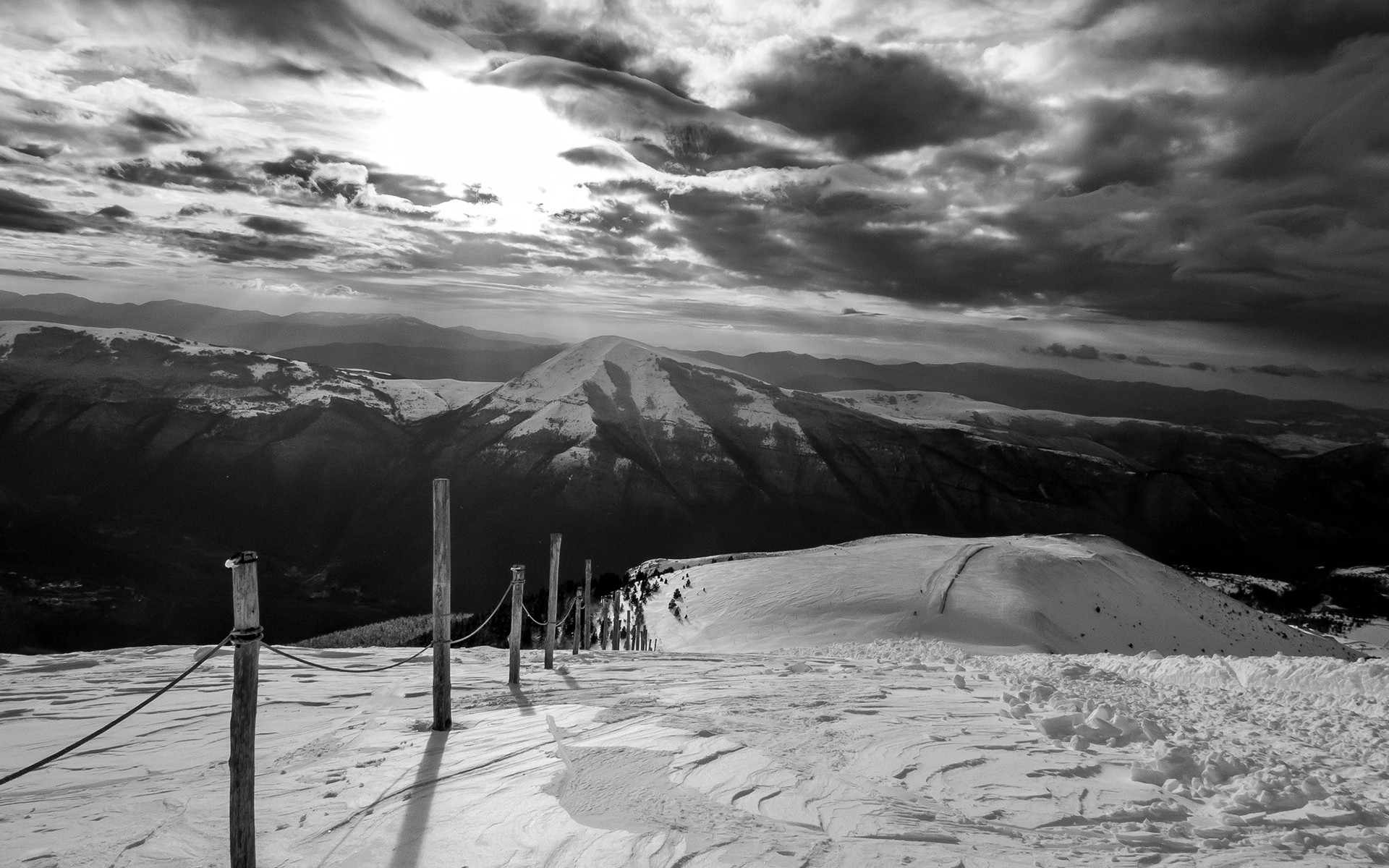 General 1920x1200 monochrome mountains nature landscape clouds skiing fence snow
