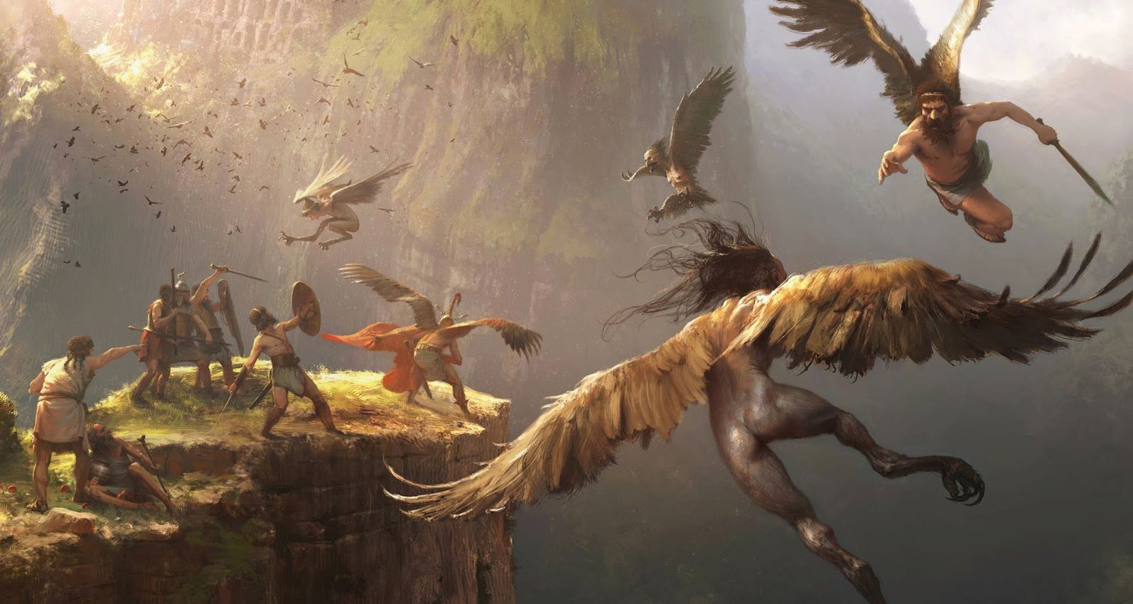 General 1594x850 painting mythology harpy fighting flying harpies artwork fantasy art creature wings battle Greek mythology