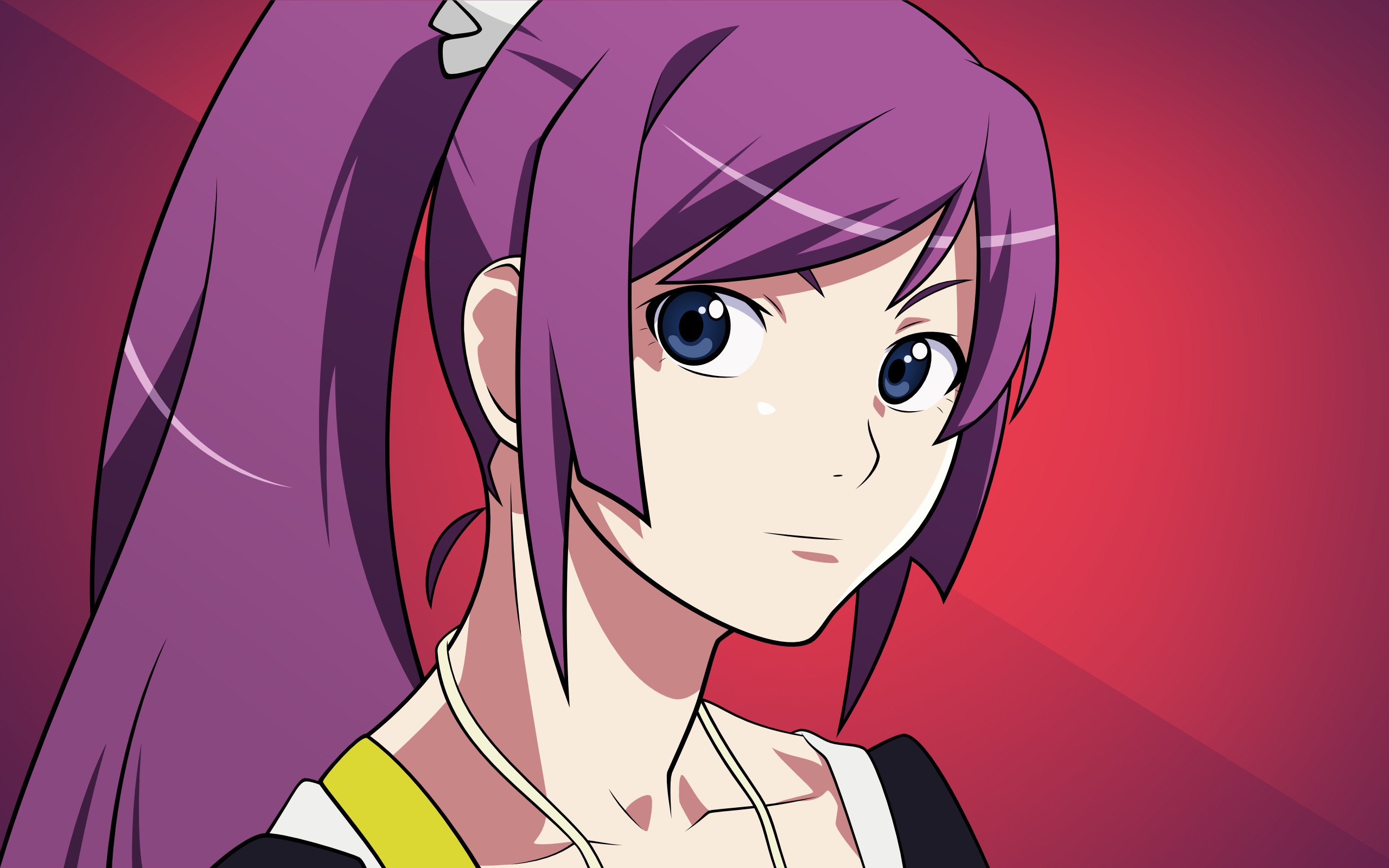 Anime 2560x1600 Monogatari Series Senjougahara Hitagi anime girls blue eyes ponytail face gradient simple background looking at viewer purple hair long hair