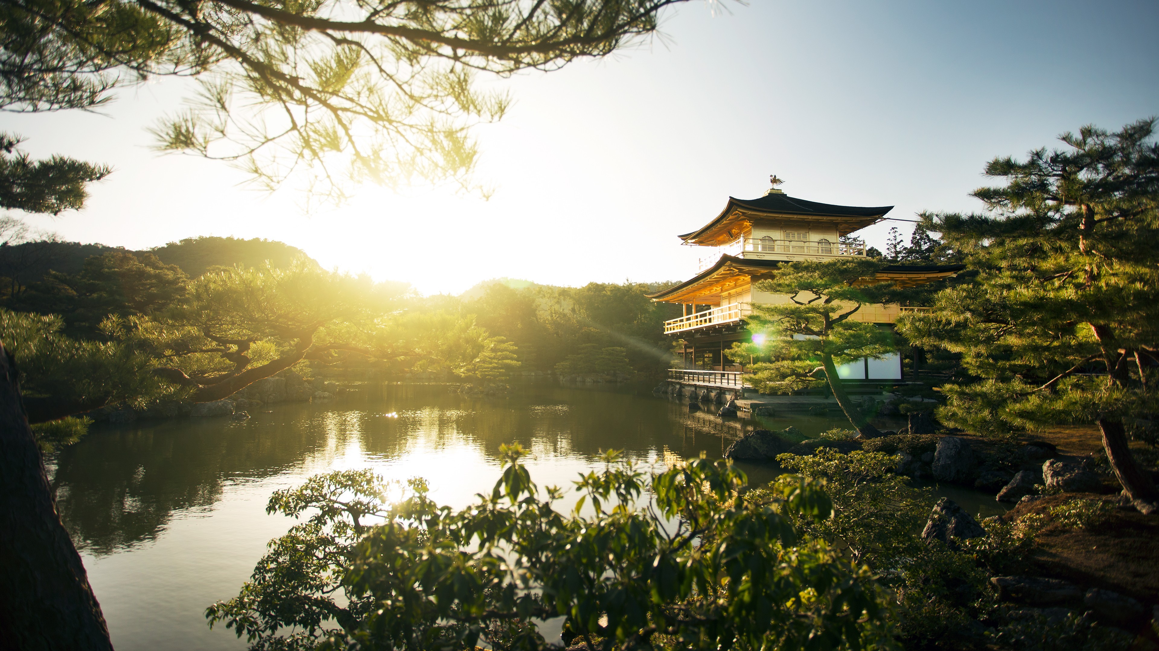 General 3840x2160 landscape kinkakuji temple sunset trees Asian Japan Kyoto water sunlight