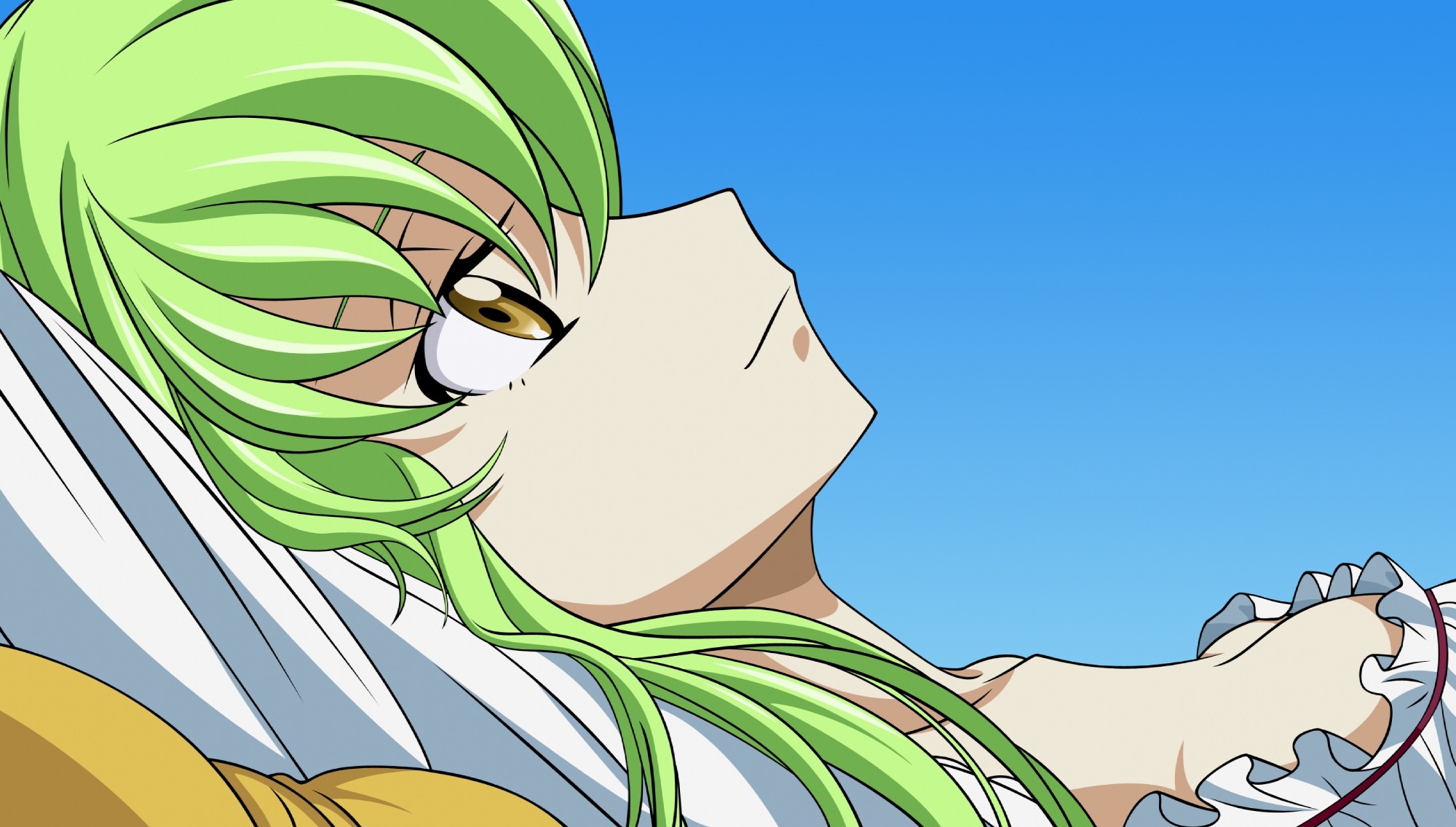 Anime 2000x1136 Code Geass C.C. (Code Geass) green hair anime girls face profile yellow eyes blue background simple background anime