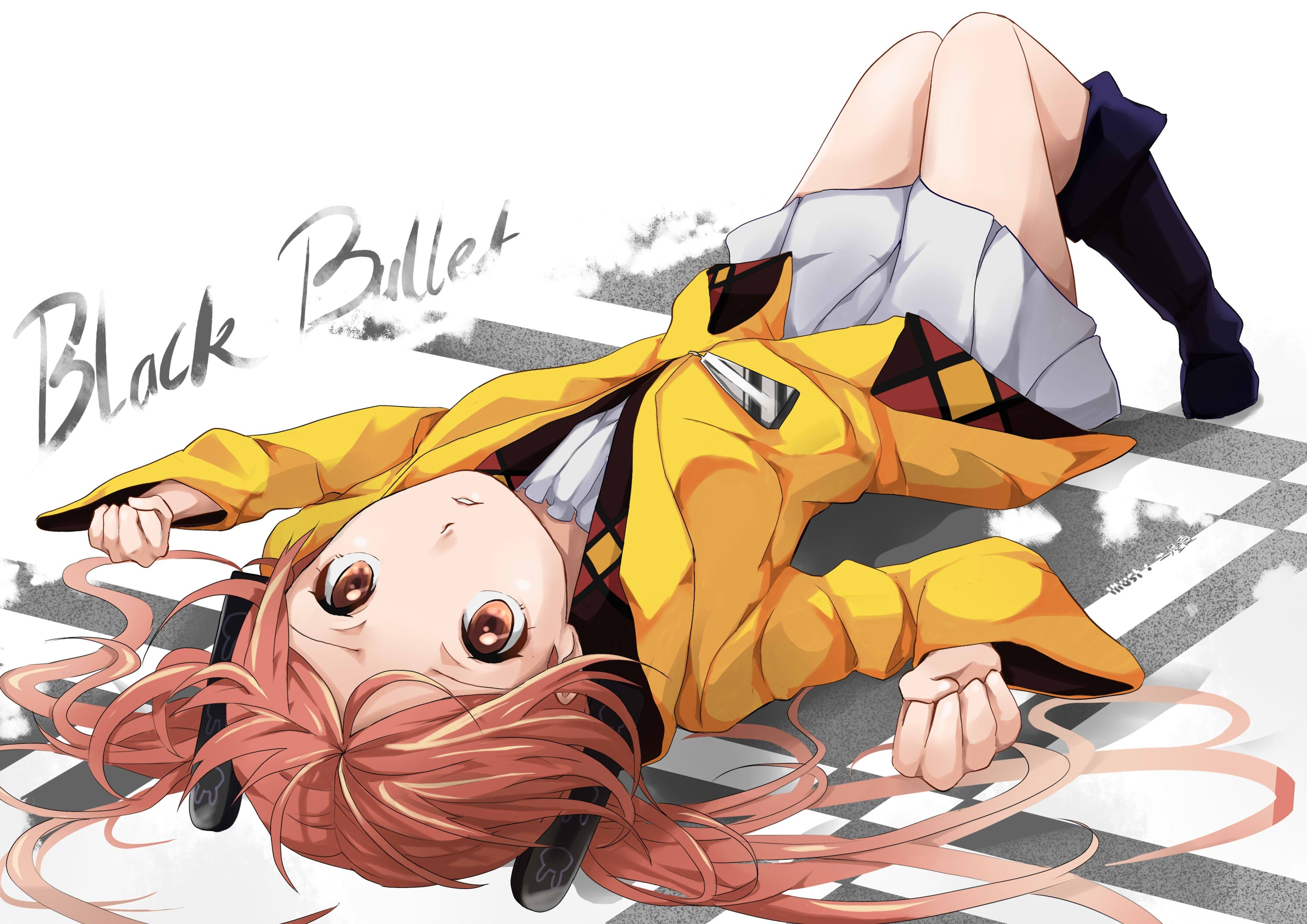 Anime 3507x2480 Aihara Enju anime Black Bullet lying on back knees together brown eyes redhead simple background white background