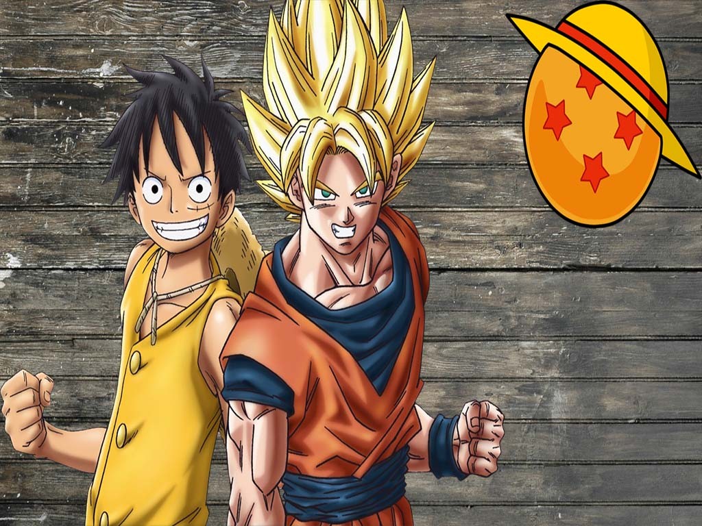 Anime 1024x768 Monkey D. Luffy Son Goku One Piece Dragon Ball Z anime anime boys dark hair blonde fist muscles
