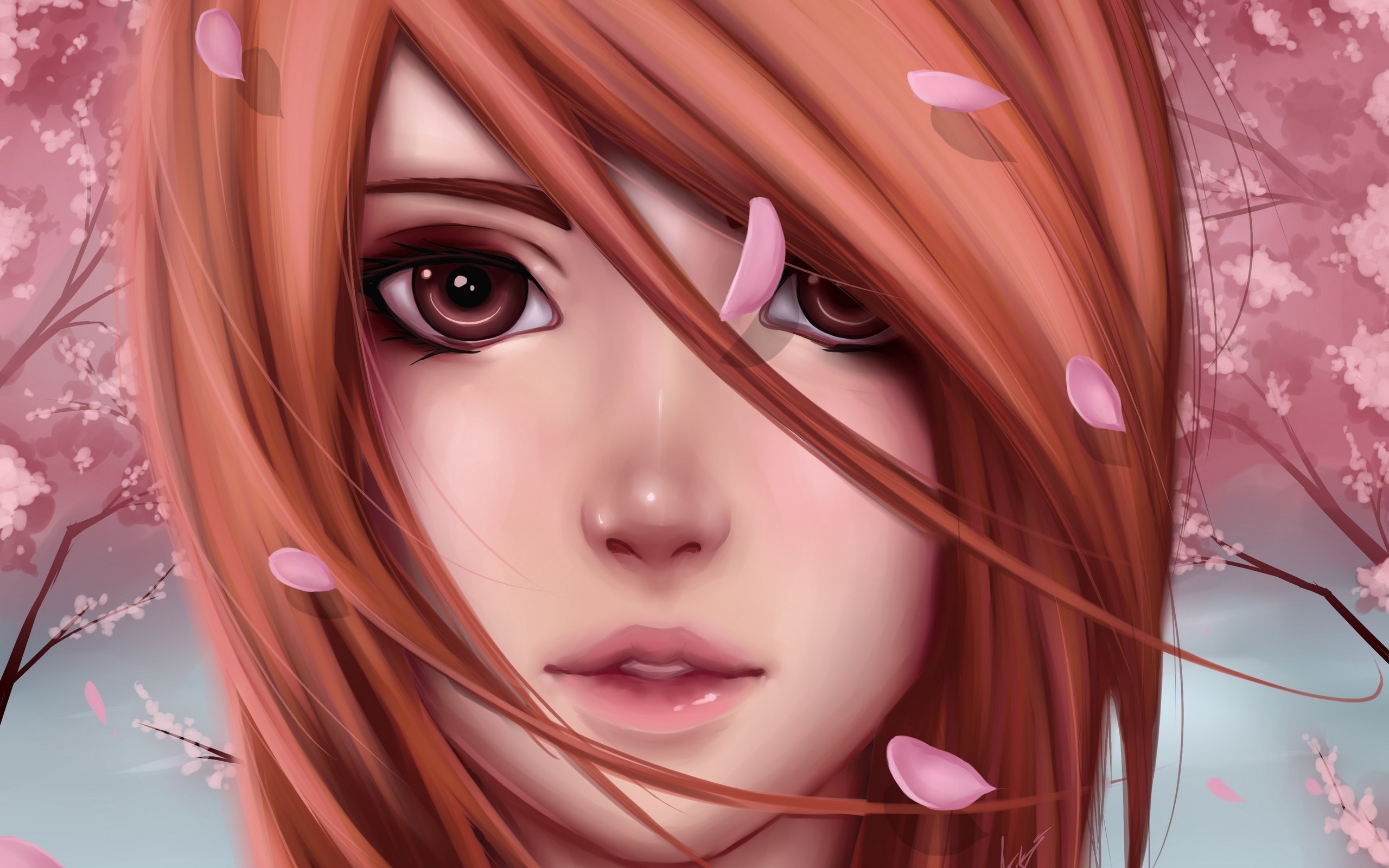 General 2560x1600 redhead face cherry blossom women hair in face portrait closeup looking at viewer artwork
