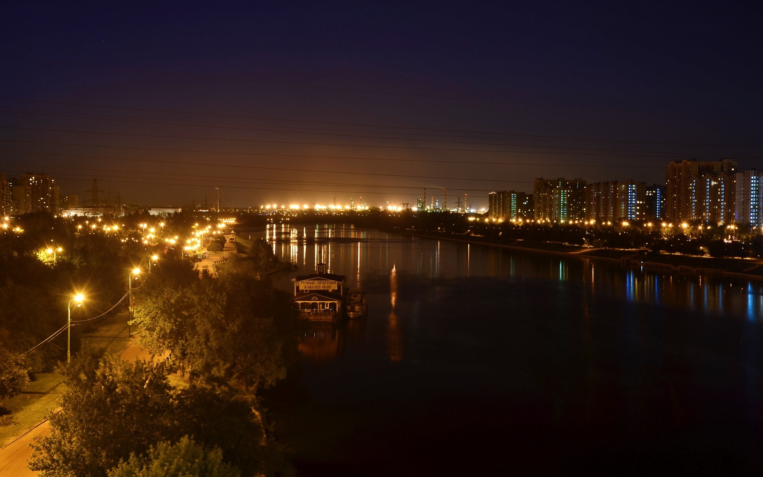 General 2560x1600 cityscape power lines street light river city lights night