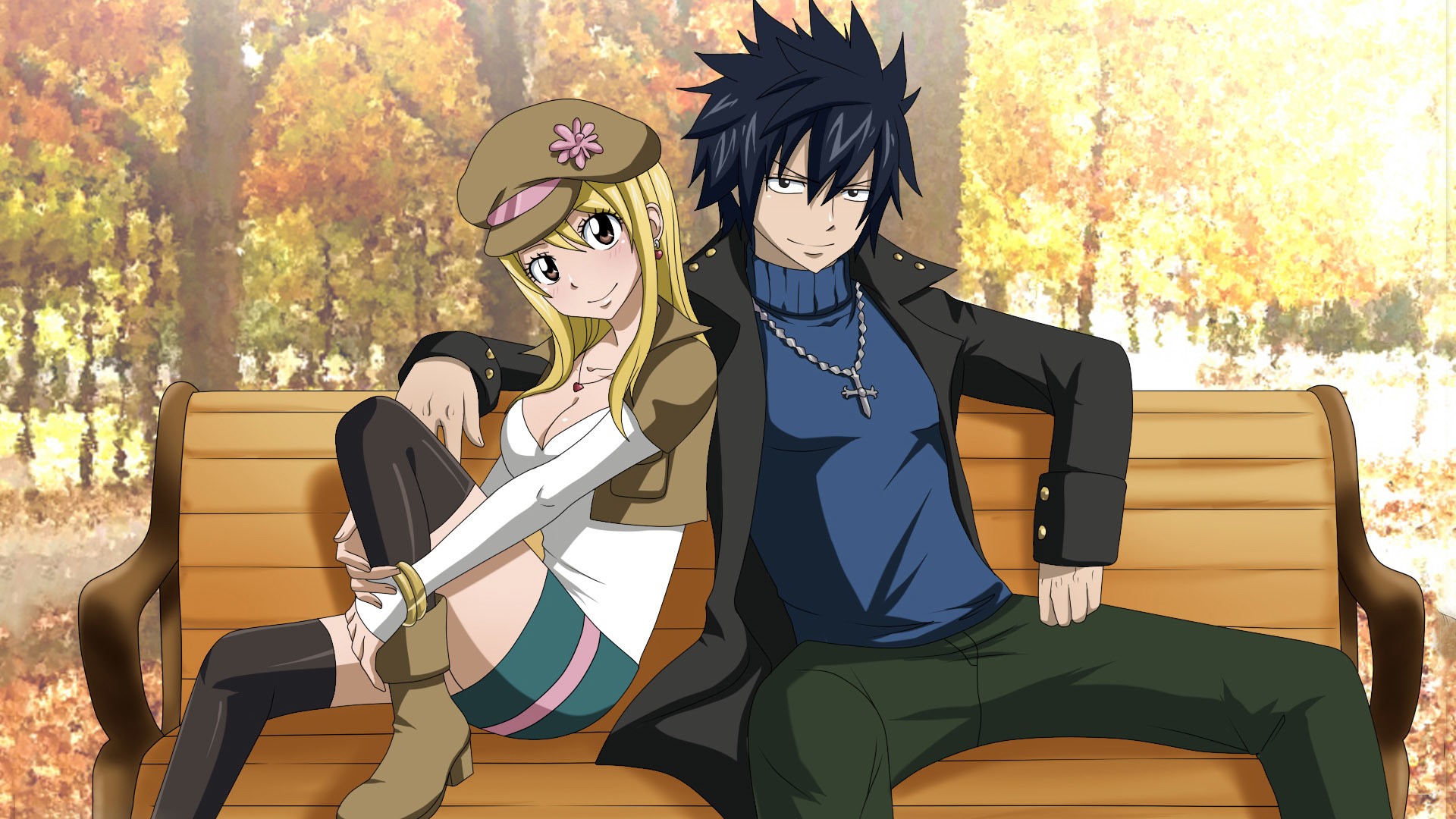 Anime 1920x1080 anime Fairy Tail Heartfilia Lucy  Fullbuster Gray  anime girls anime boys hat looking at viewer stockings bench fall women outdoors blonde