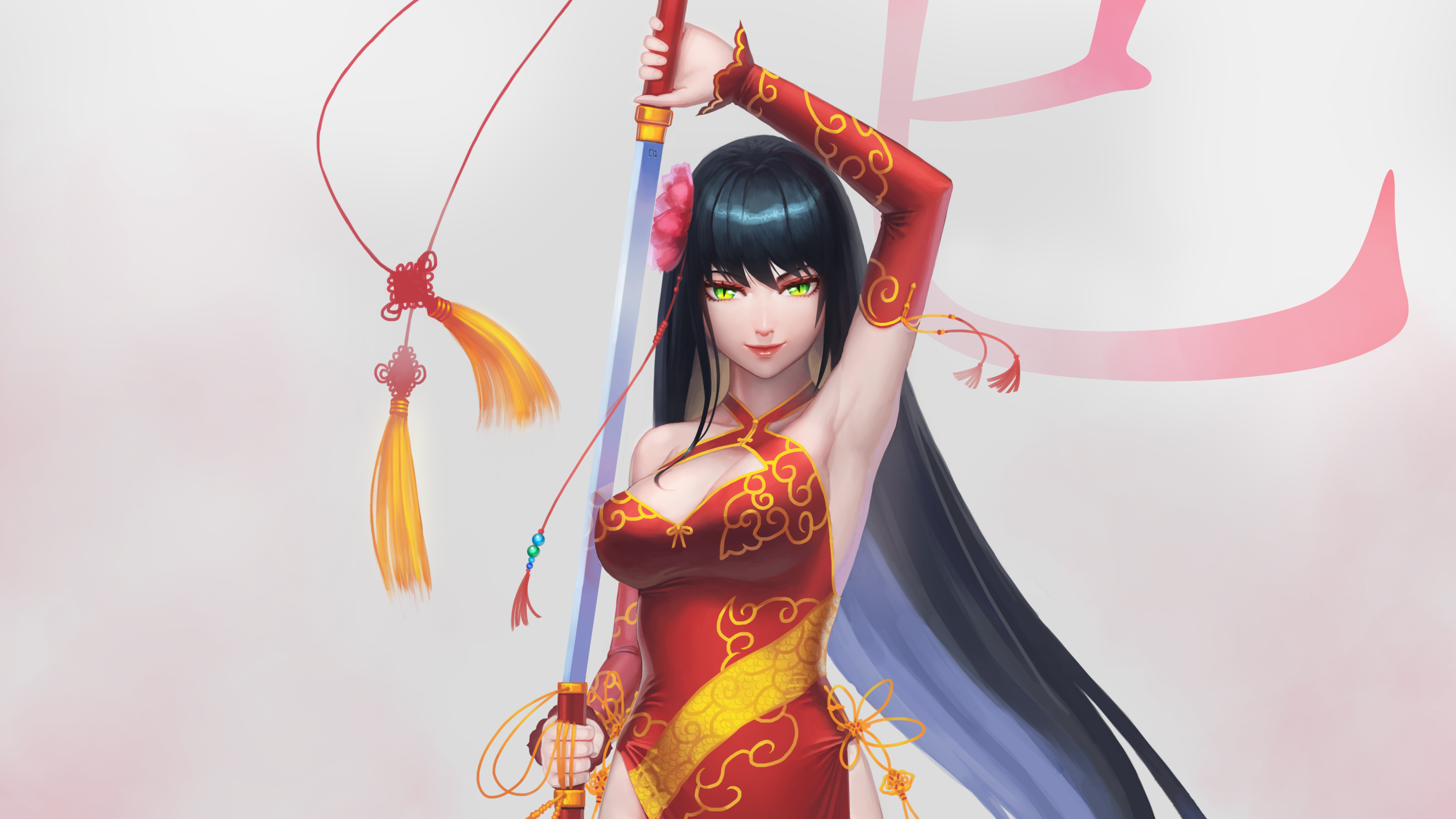 Anime 3524x1982 anime girls artwork sword anime simple background pink background black hair fantasy art women fantasy girl green eyes dress boobs red dress red clothing flower in hair arms up women with swords long hair looking at viewer smiling standing armpits
