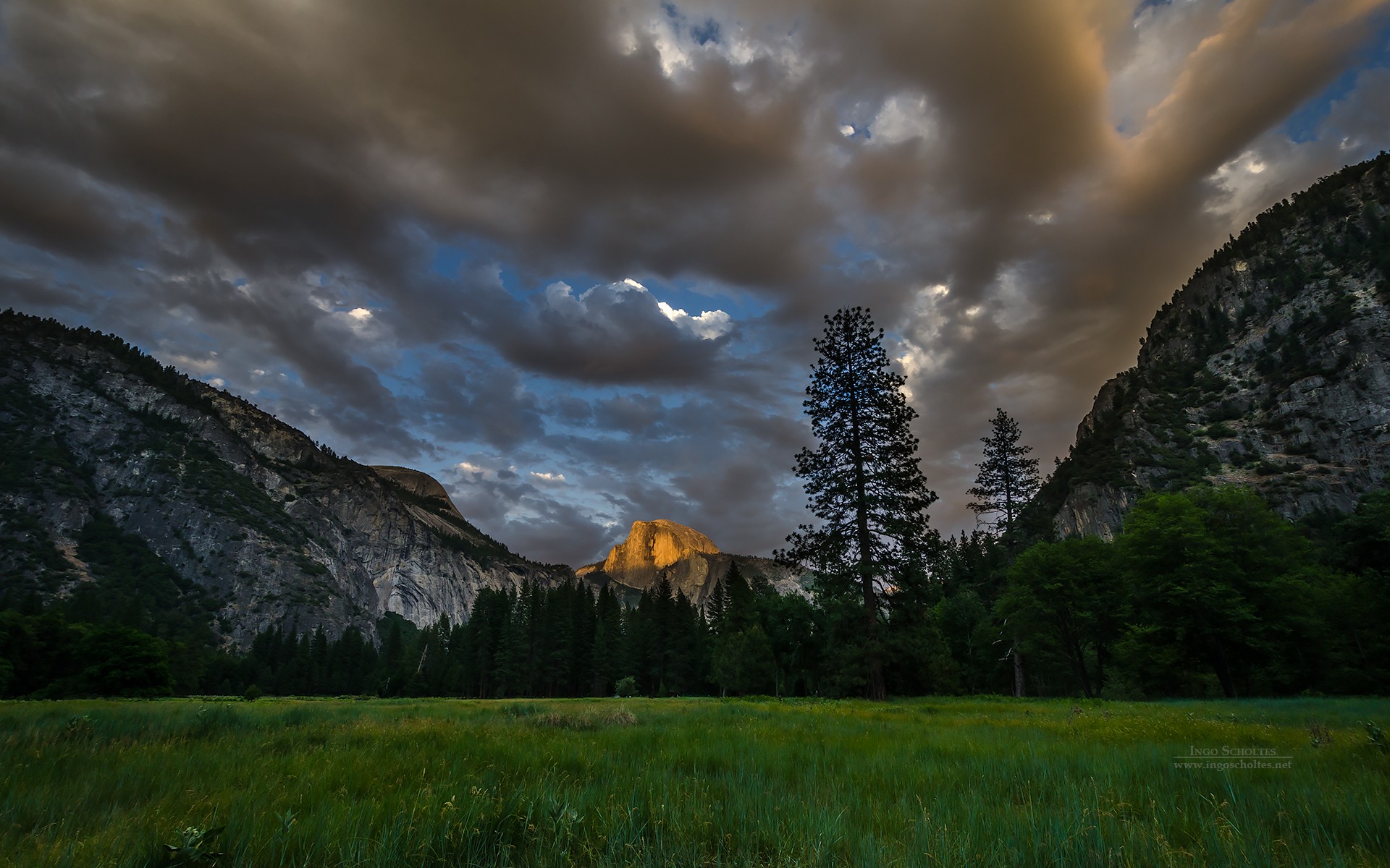 General 1920x1200 nature landscape grass sky mountains clouds outdoors low light Yosemite National Park Half Dome California USA